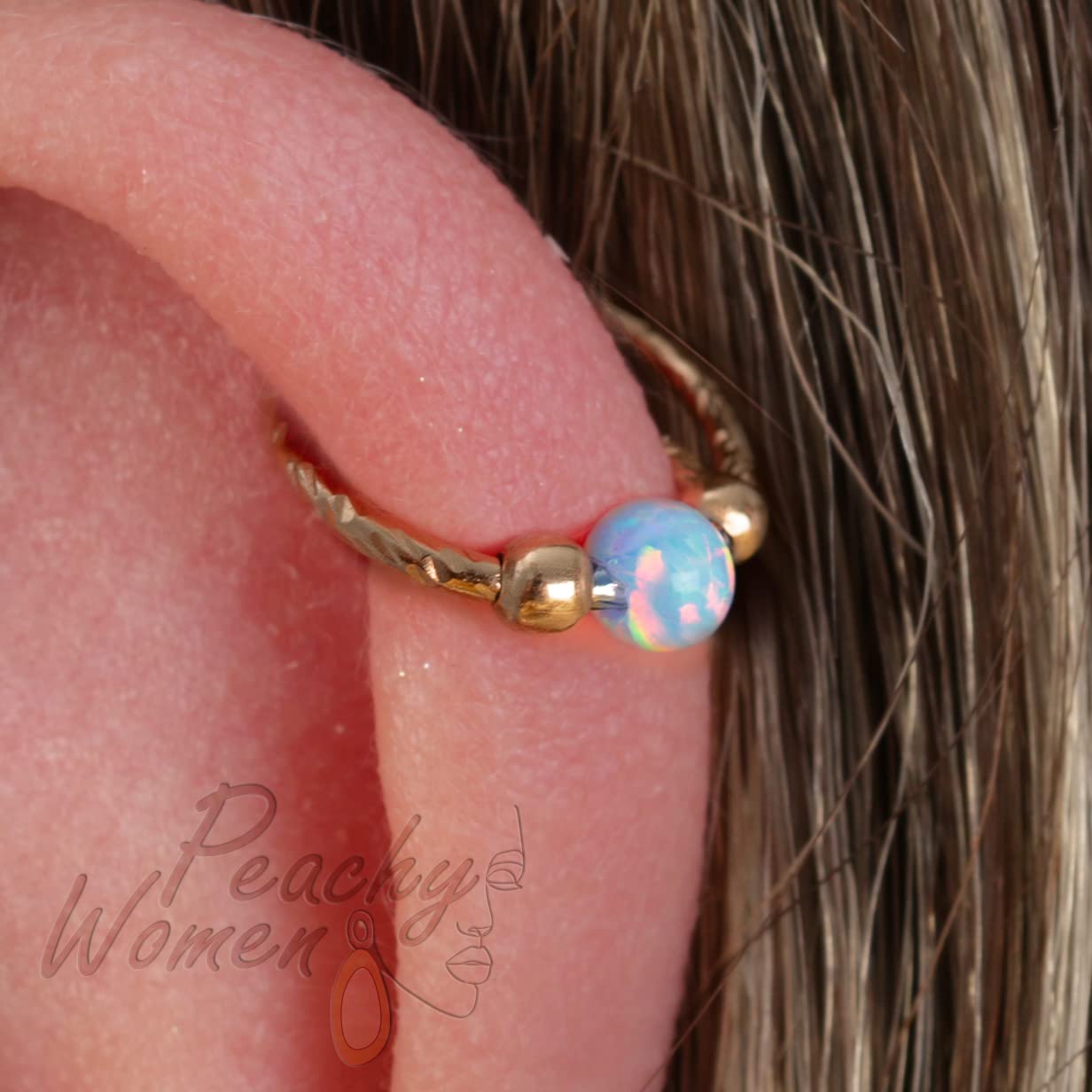 14K Gold Filled Hammered Helix Ring Hoop with Blue Opal - 20 Gauge Cartilage Earring for Ear Piercing - Perfect for Everyday Wear, Gifts & Boho Style