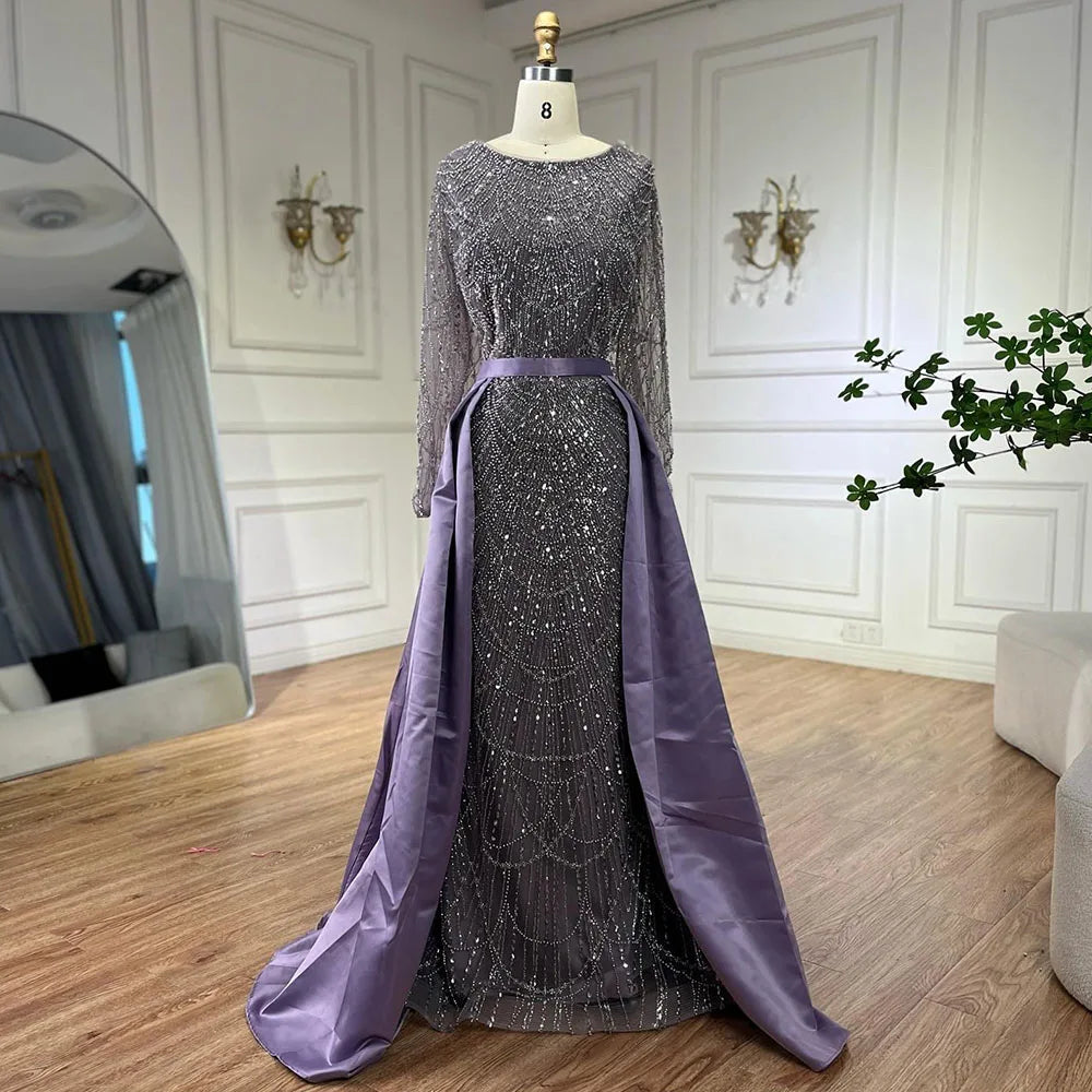 Serene Hill Muslim Purple Mermaid Beaded Pearls Evening Gown with Detachable Overskirt for Women | Elegant Wedding Dress & Party Gown 2025 LA72032E | Perfect for Bridal Showers, Formal Events & Special Occasions