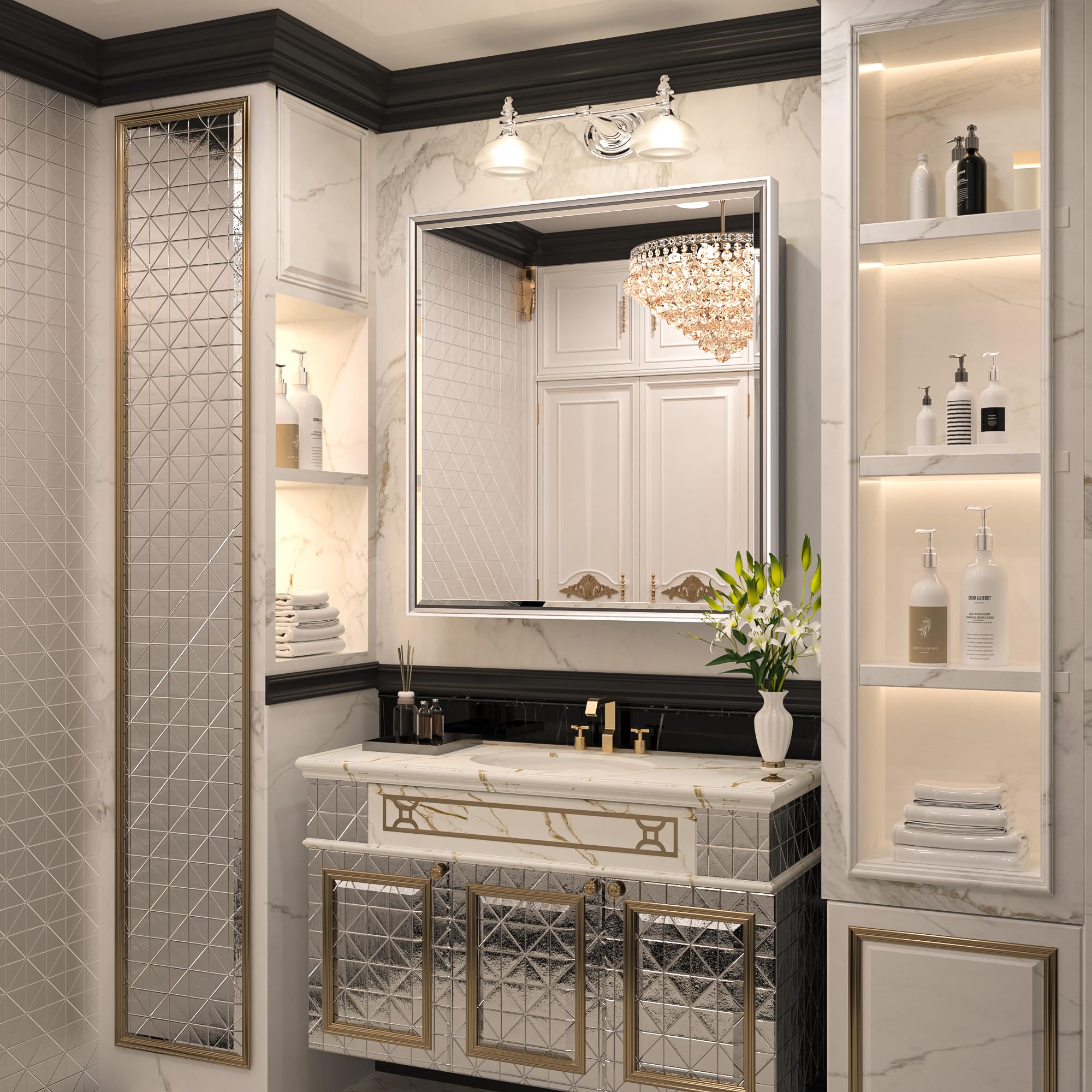 Keonjinn 29.8 x 31.9 Inch Silver Bathroom Medicine Cabinet with Mirror - Aluminum Alloy Frame, Beveled Edges, Recessed or Surface Mount - Modern Metal Medicine Cabinet for Bathroom Vanity - Perfect for Small Bathrooms, Powder Rooms & Home Decor