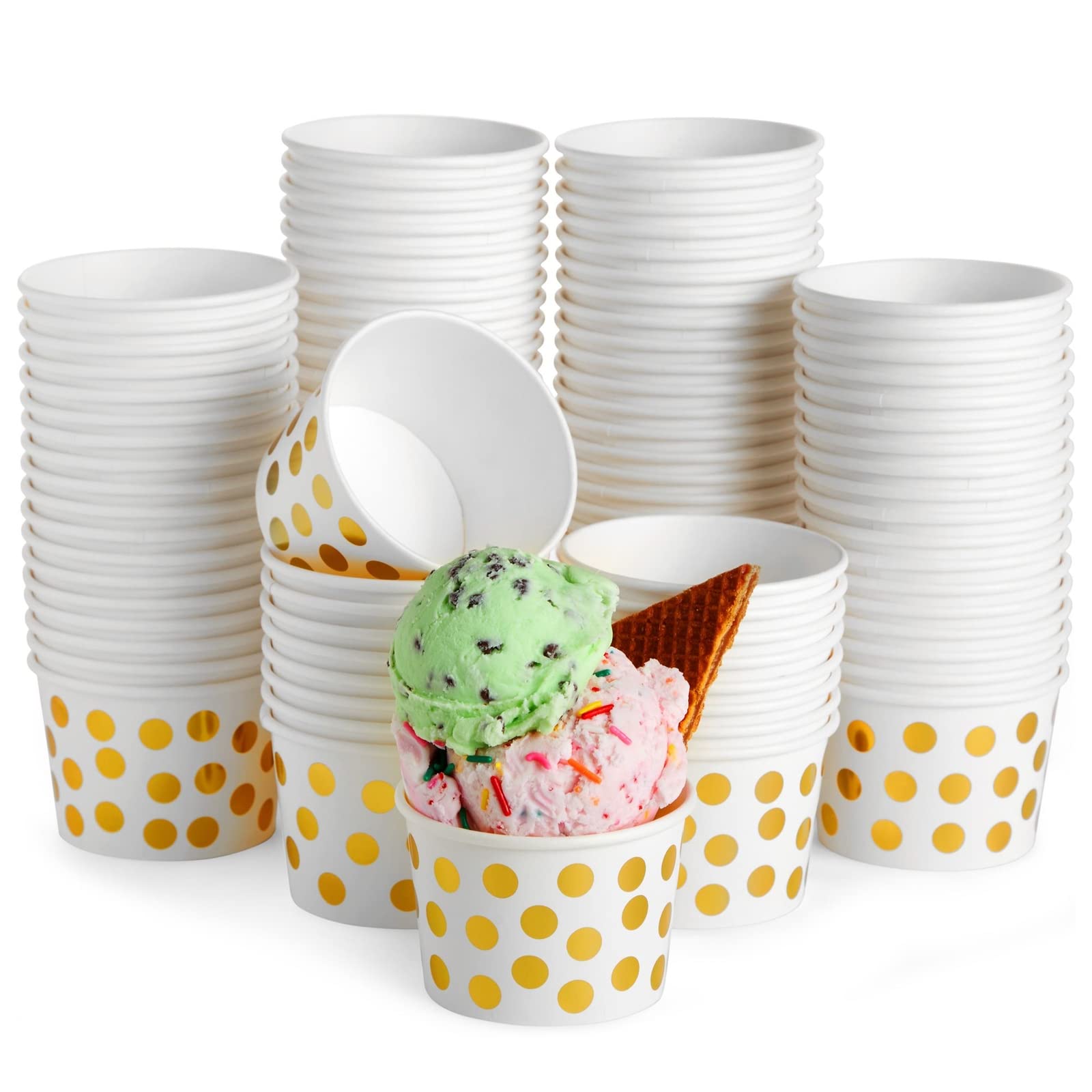 Juvale 100-Pack 8 oz Disposable Ice Cream Cups - Gold Foil Polka Dot Dessert Bowls for Frozen Yogurt, Sundae Bar, Party Snacks & Treats | Perfect for Birthday Parties, Ice Cream Socials & Catering Events