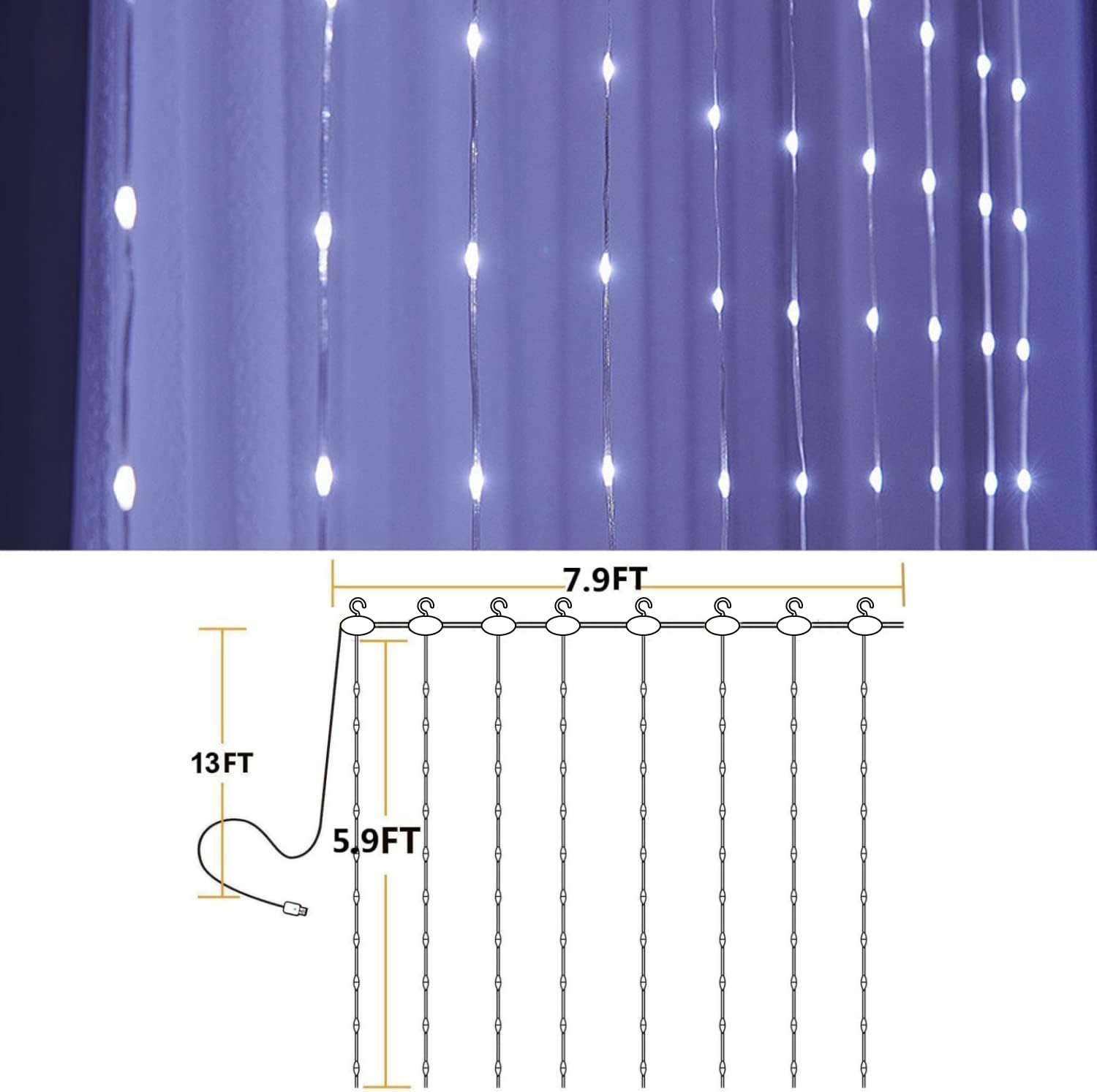 144 LED Waterproof USB Fairy String Lights - 7.9x5.9ft White Twinkle Curtain Lights with Remote & 8 Modes | Bedroom Wall, Window Decor | Indoor/Outdoor Wedding, Christmas, Halloween Party Decorations