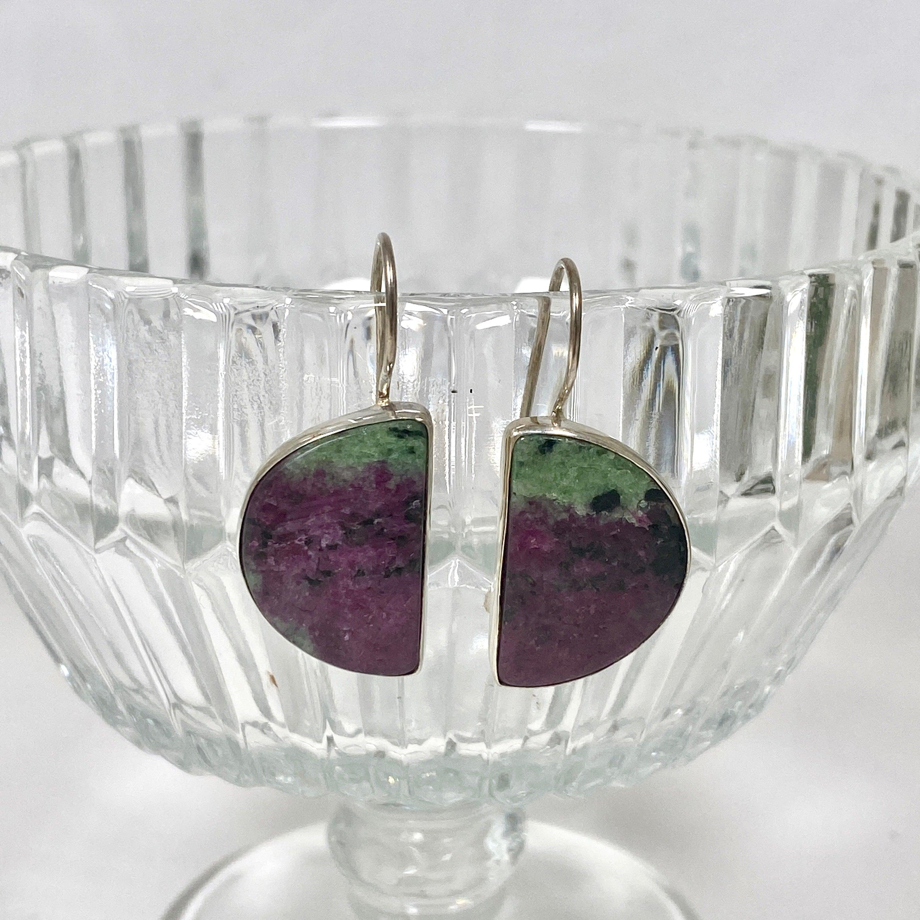 Natural Ruby in Zoisite Half Moon Earrings with Fixed Hook - Elegant Handmade Jewelry for Women - Perfect for Weddings, Parties & Special Occasions - KEGJ1118
