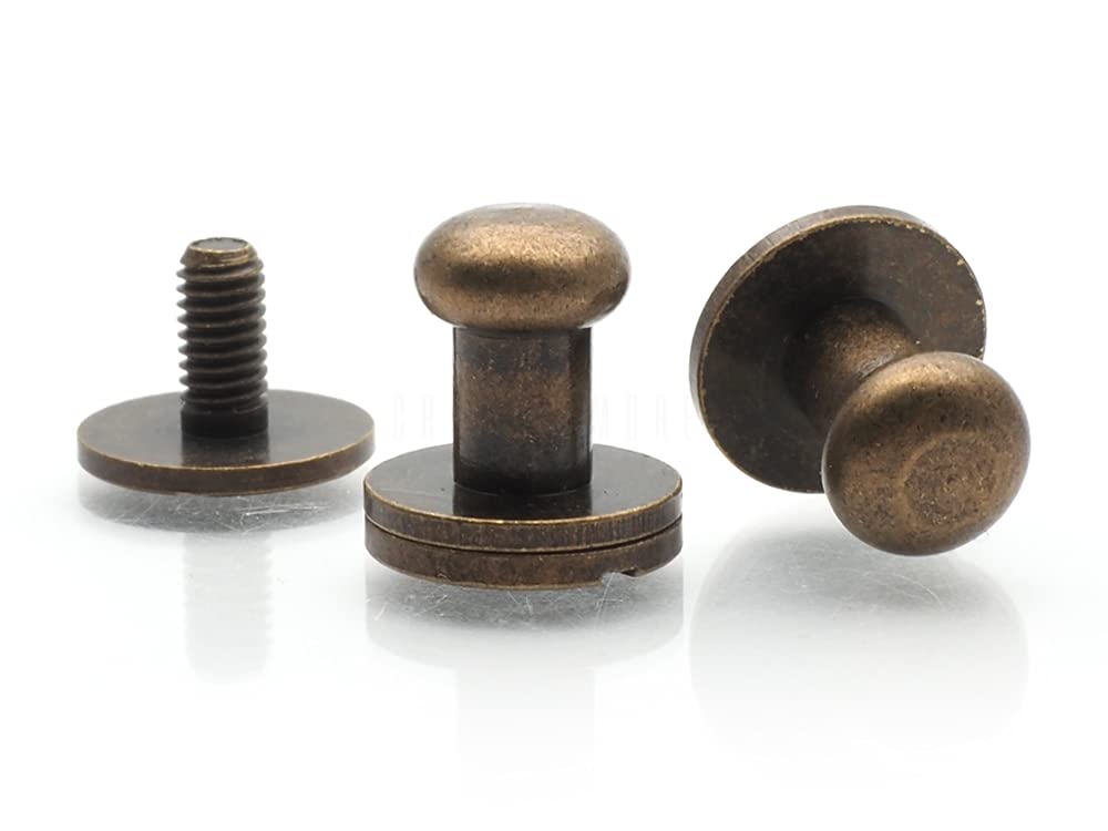 Solid Brass Ball Head Stud Screw Back Nipple Rivet Studs - 10 Pack (Antique Brass, 6.5mm) - Leathercraft Button Strap Stopper for Belts, Bags & DIY Leather Projects