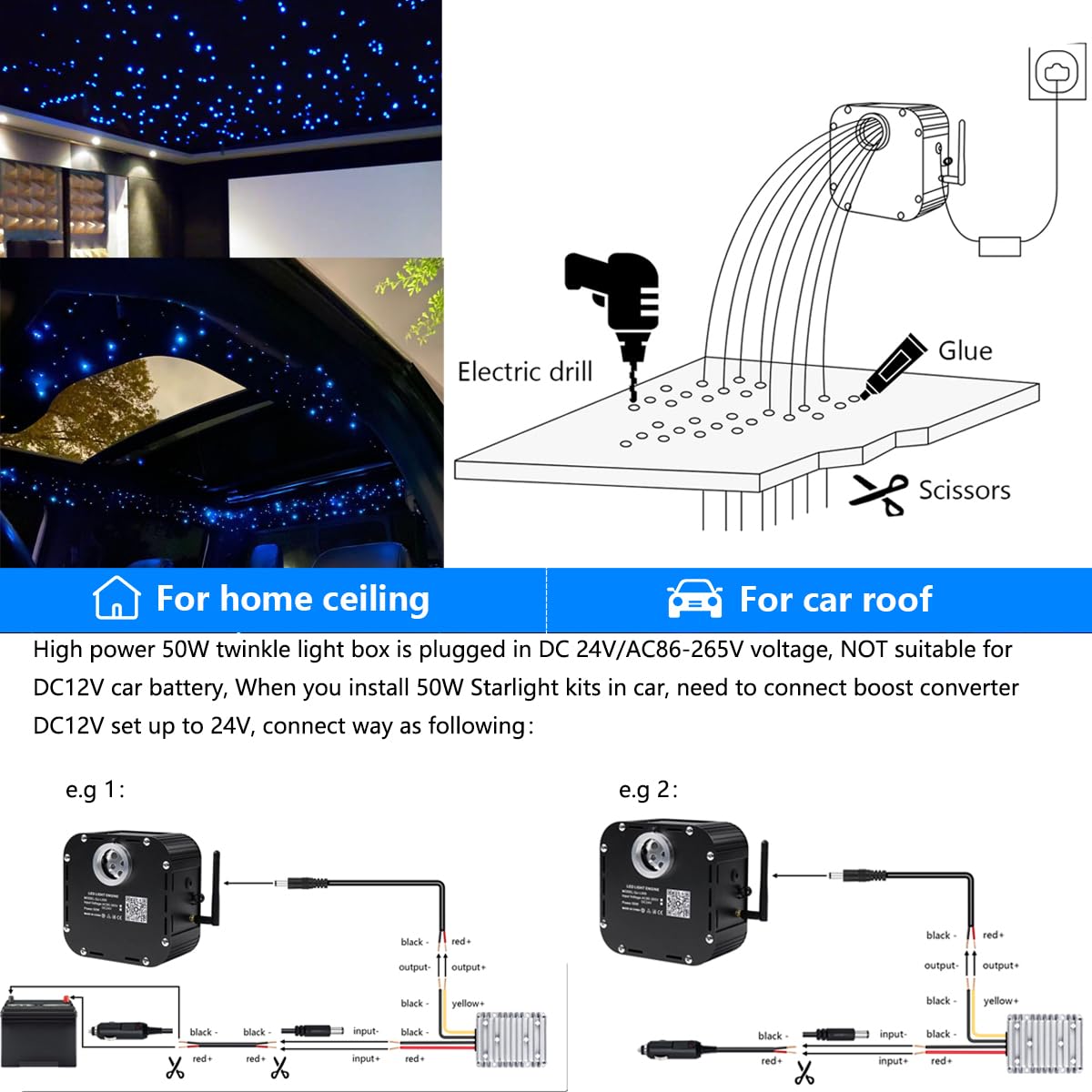 AZIMOM 50W High Brightness Twinkle Fiber Optic Star Ceiling Kit - 1000pcs 0.03in 16.5ft Fiber Strands with Sound Activation & Bluetooth/APP Remote Control - Perfect for Home Theater, Shop Lobby, and Ceiling Decor