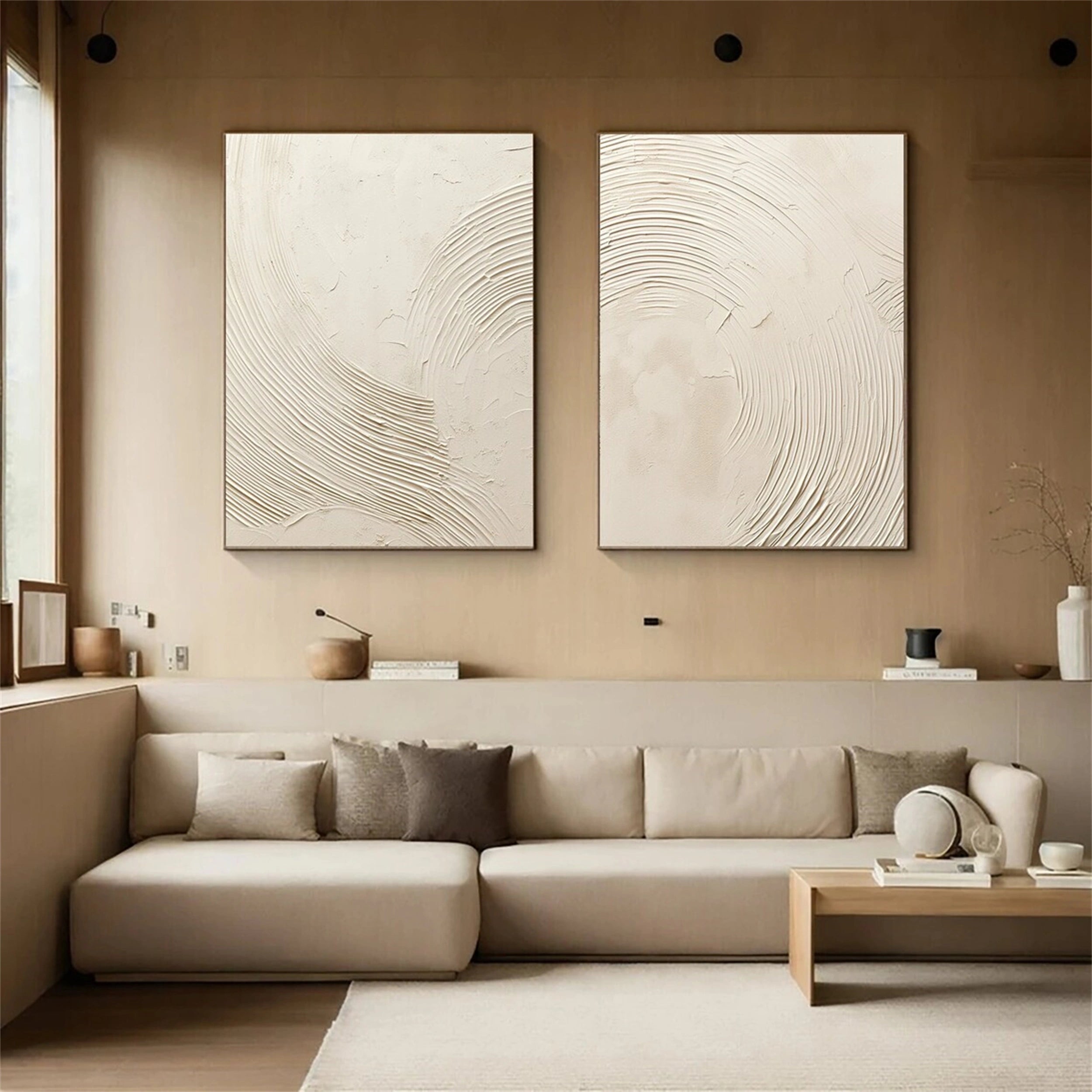 Abstract Beige & Brown Wall Art Set of 2 Paintings - Modern Home Decor for Living Room, Bedroom & Office #BB067