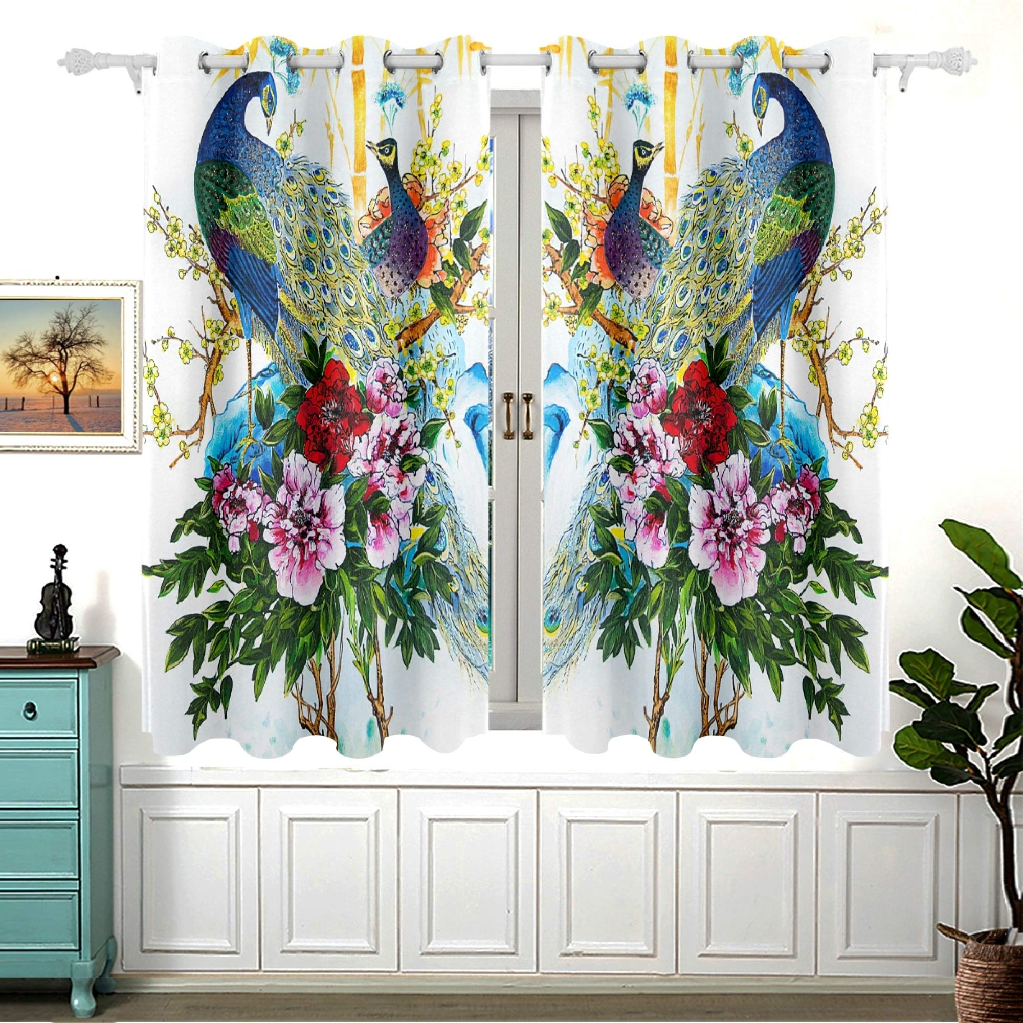 Vintage Peacock & Rose Blackout Curtains - 2 Panels Room Darkening Window Drapes with Grommets, 54 Inch Length for Bedroom & Living Room - Perfect for Home Decor, Light Blocking & Privacy Protection