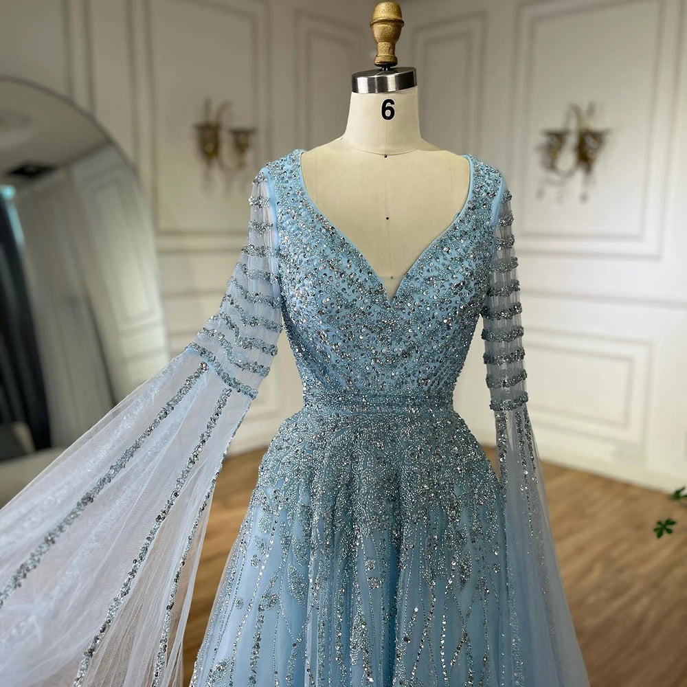 Elegant Beaded Long Evening Gowns with Cape Sleeves - Luxury Dubai Arabic Caramel A-Line Formal Dress for Women | Perfect for Weddings, Galas & Special Occasions LA72750