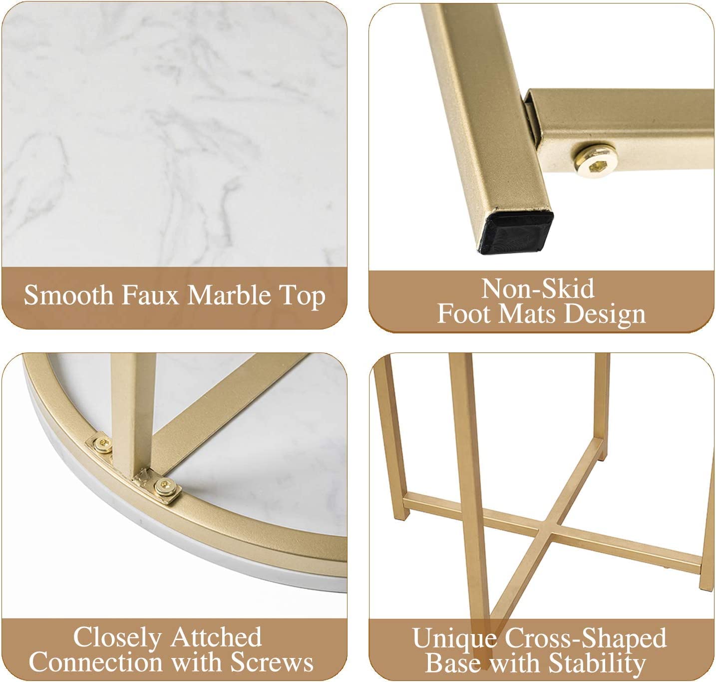Gold Round Side Table with Faux Marble Top - Small Coffee Table for Living Room, Modern Nightstand for Bedroom - 14
