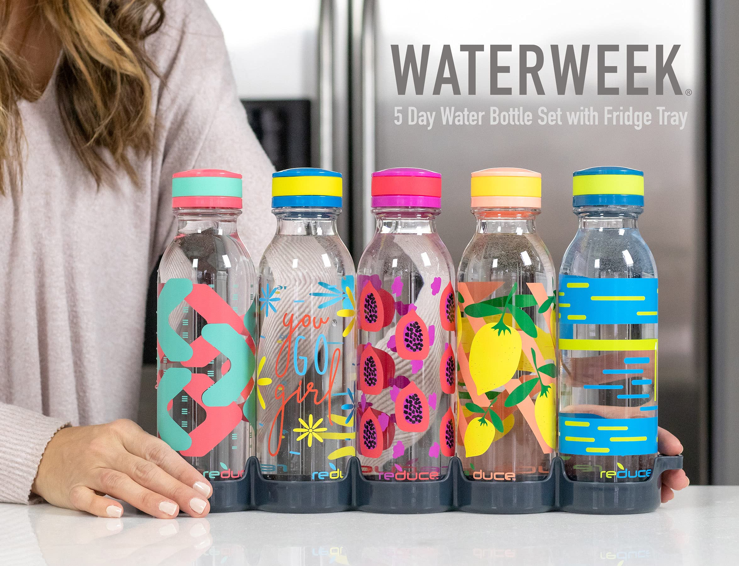 REDUCE WaterWeek 14 oz Refillable Tritan Plastic Water Bottles - 5 Pack Leak Proof BPA-Free Water Bottles with Fridge Storage Tray - Perfect for School, Gym, Office, Travel & Home Use - Reusable Sports Drink Bottles for Kids & Adults
