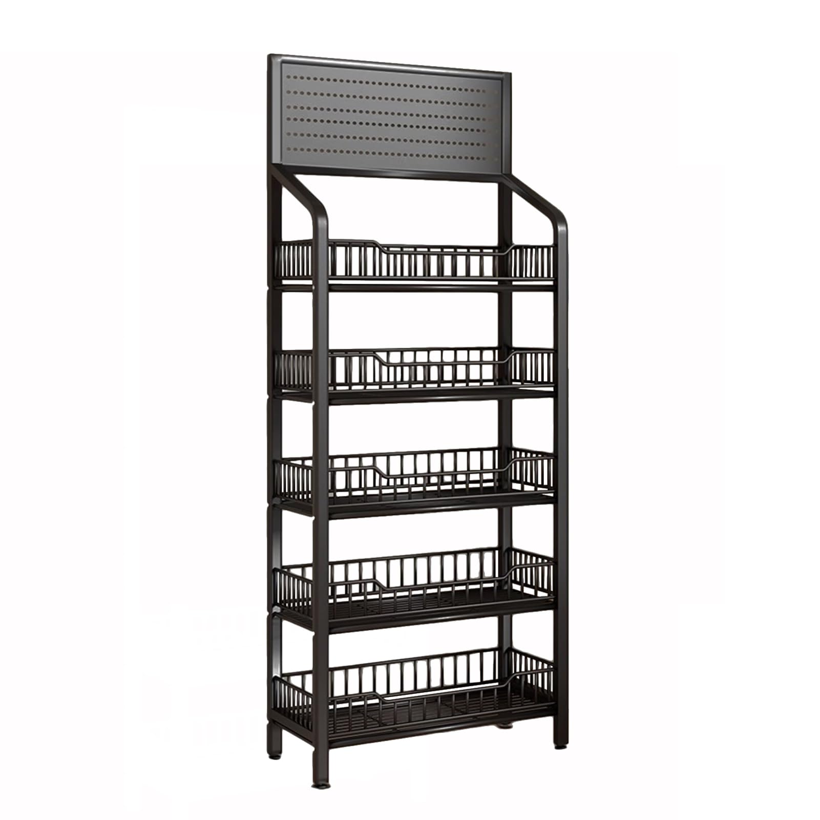 5 Tier Metal Wire Display Rack with Wheels & Hooks - Snack Organizer Stand for Supermarket, Retail Store, and Home Kitchen - Perfect for Candy, Potato Chips, and Grocery Storage (Black)