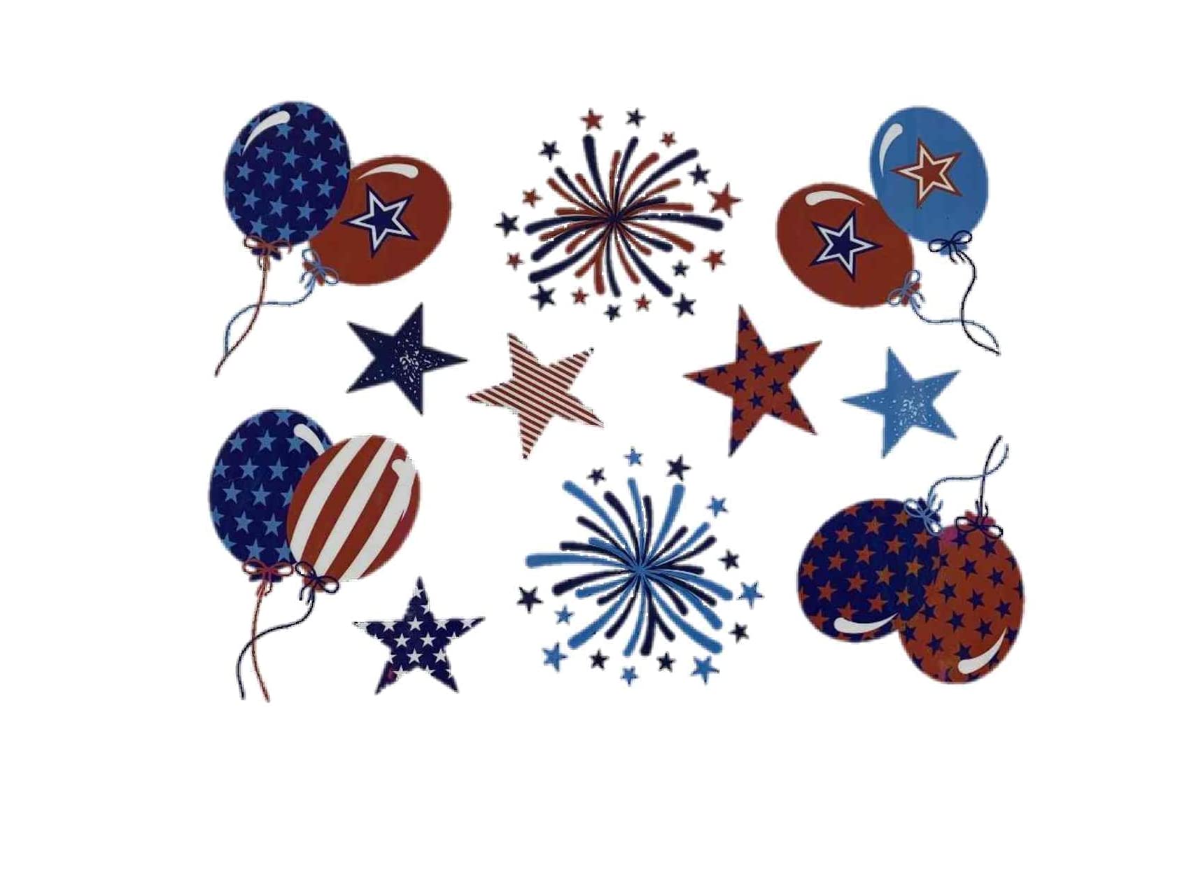 Red White & Blue Patriotic Window Clings - 11 Reusable Decals with Balloons, Stars & Fireworks for Independence Day, Memorial Day & 4th of July Decorations - Perfect for Home, Office & Party Decor