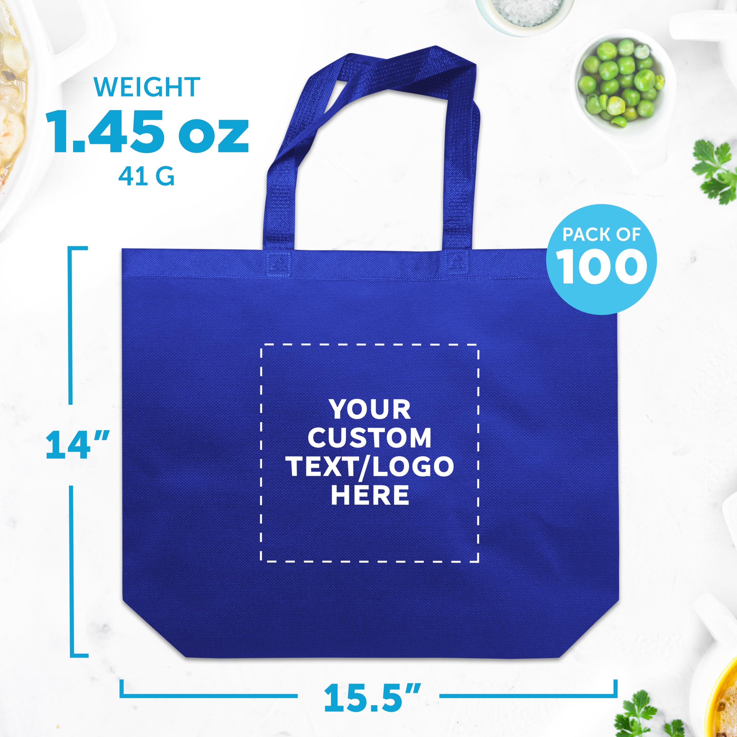Custom Jumbo Reusable Tote Bags Bulk Pack - 100 Personalized Grocery & Shopping Bags for Women - Promotional Items & Giveaways - Eco-Friendly Blue Totes for Shopping, Events & Branding