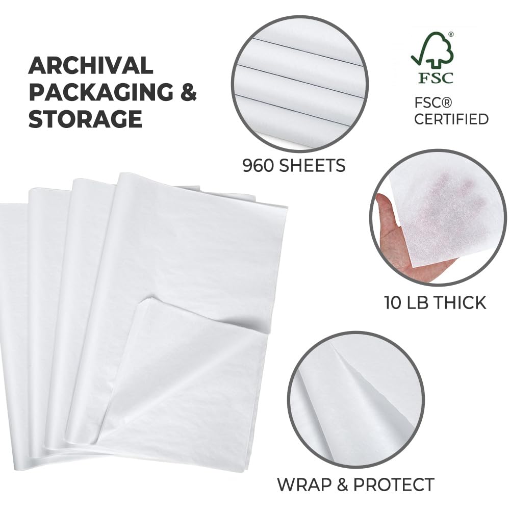 Premium White Tissue Paper Bulk Pack - 960 Sheets, Acid-Free & Lint-Free, 15