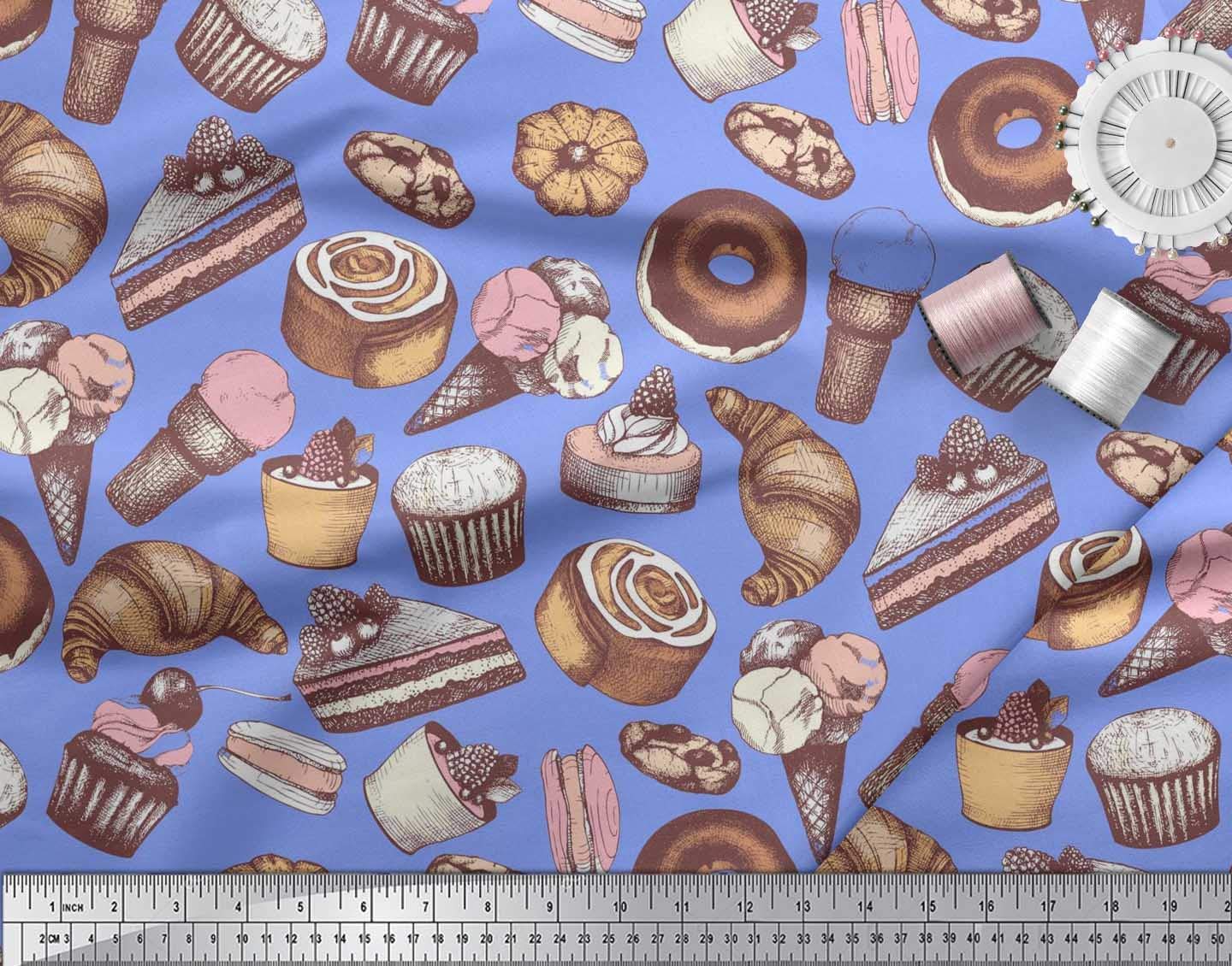 Soimoi Japanese Crepe Fabric - 42 Inch Wide Blue Cupcake Donut Cookies Print Cotton Fabric by The Yard - Whimsical Food Pattern Material for DIY Crafts, Quilting, Dressmaking & Home Decor Projects