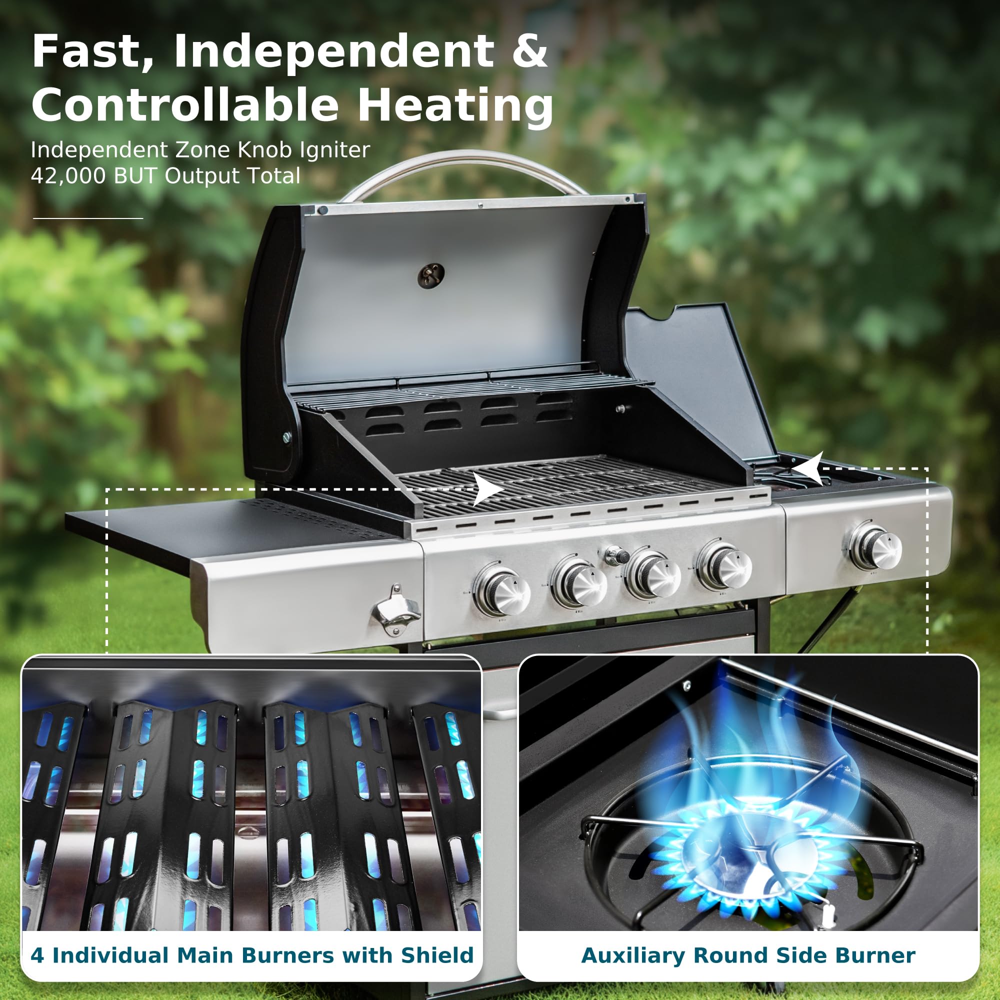 MFSTUDIO 4-Burner Propane Gas Grill - Stainless Steel BBQ Grill with Side Burner & Porcelain-Enameled Cast Iron Grates - High Heat Output for Outdoor Cooking, Backyard Parties, Camping & Tailgating
