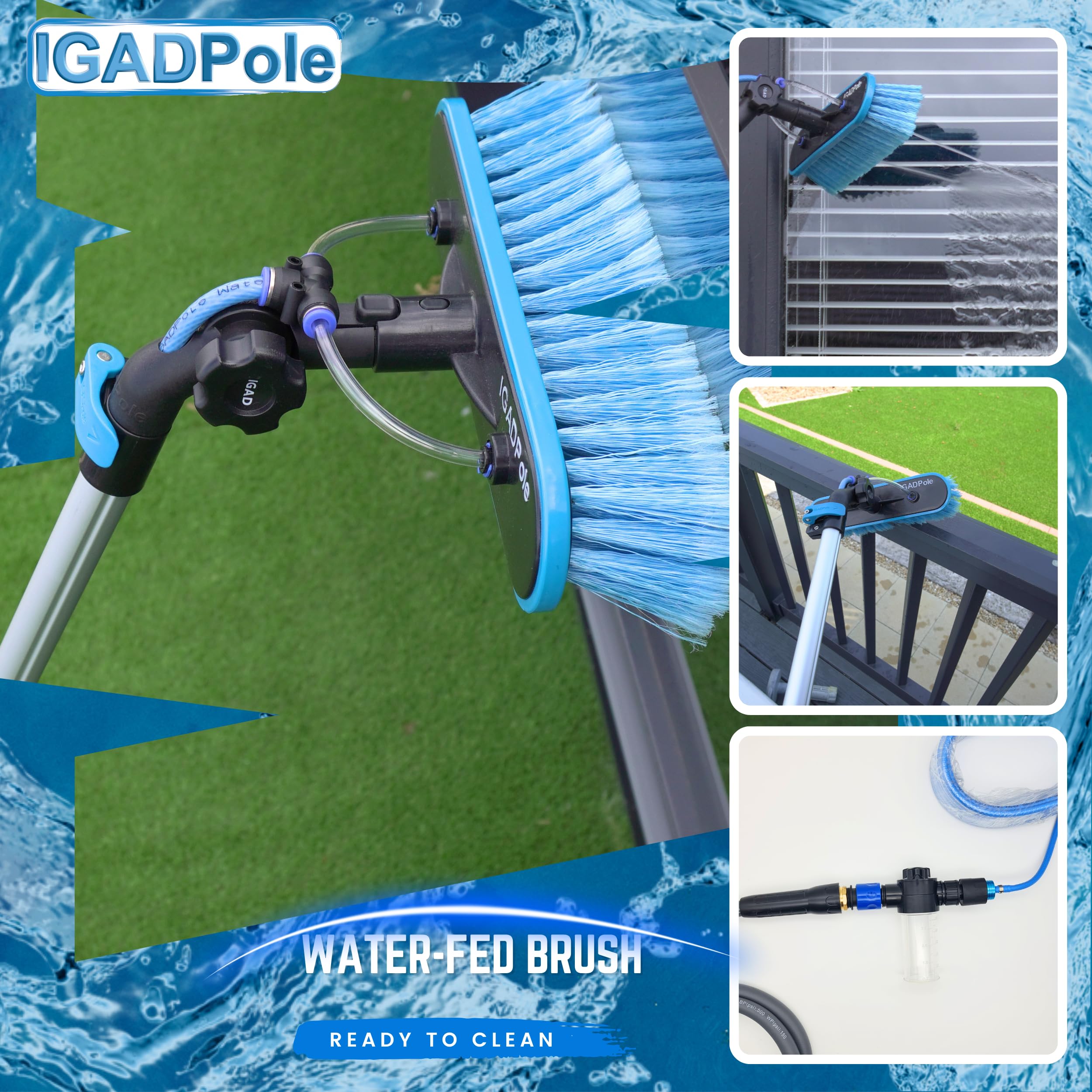 24ft IGADPole Window Washing Kit - 6-Stage Telescoping Pole (5-24ft), Water-fed Brush, Cobweb Duster, 10” Squeegee & Soap Dispenser for Professional Window Cleaning - Perfect for High-Rise Buildings, Residential Homes & Commercial Properties