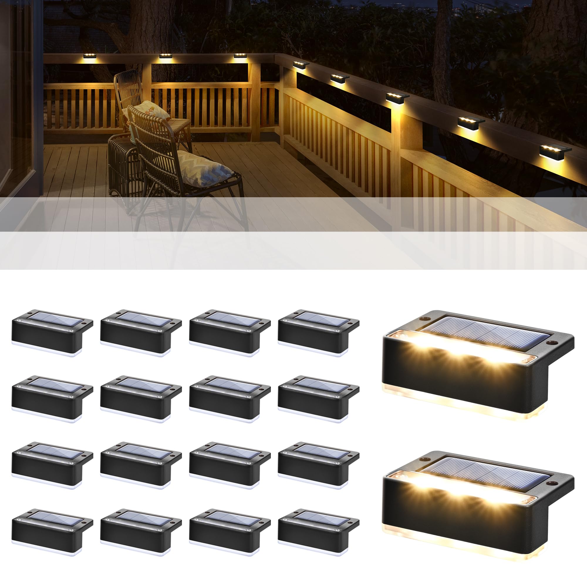 SOLPEX 16 Pack Solar Fence Lights - 6 LED Waterproof Outdoor Solar Lights for Deck, Stair, Porch, Balcony, Walkway, Garden, Yard, Patio & Pool Decor - Warm White IP65 Solar Powered Landscape Lighting - Perfect for Evening Outdoor Ambiance & Pathway Safety
