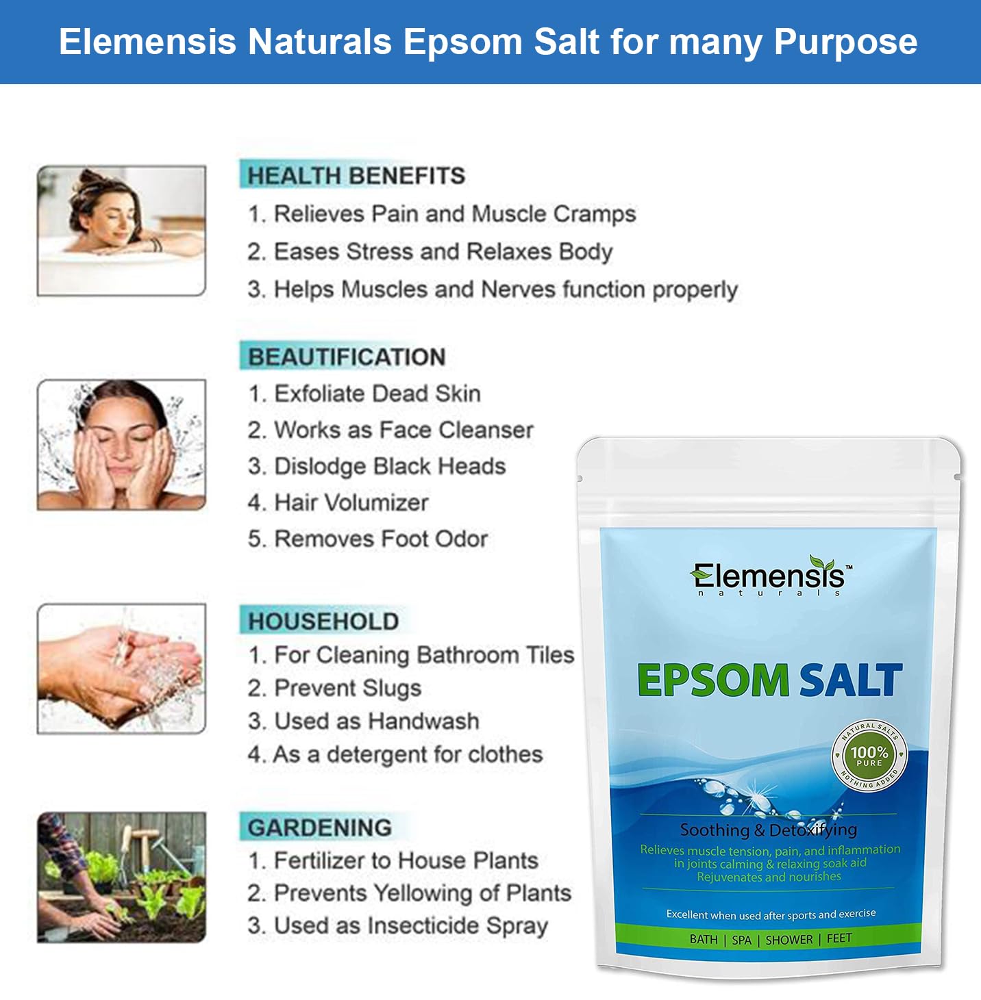 Elemensis Naturals Pure Epsom Salt Granules (Magnesium Sulfate) - 1kg (2 x 500g) for Relaxing Baths, Foot Soaks, Muscle Pain Relief & Spa Therapy | Perfect for Post-Workout Recovery, Stress Relief & Detox Baths