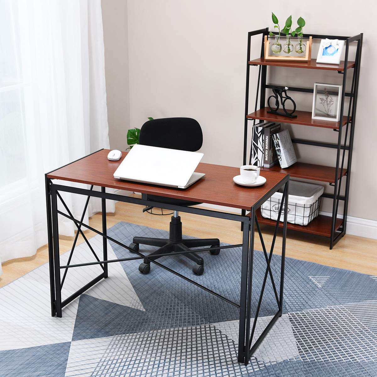Modern Industrial Writing Computer Desk - Simple Study Desk with Walnut Brown Top & Black Frame, Folding Laptop Table for Home Office, Dorm Room, Small Spaces | Compact Workspace Solution for Students & Professionals