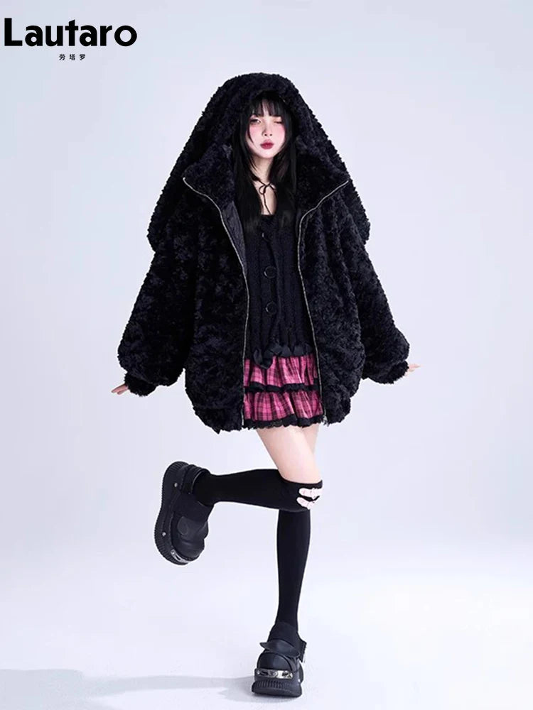 2023 Women's Black Faux Fur Coat with Bunny Ears - Soft Fluffy Winter Jacket, Warm Fuzzy Hoodie for Autumn & Winter | Perfect for Cold Weather, Holiday Parties & Casual Outings