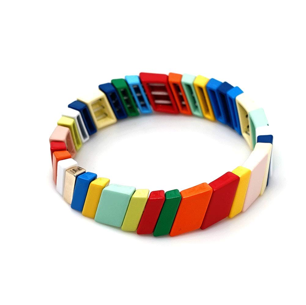 KELITCH Women's Stretch Beaded Bracelet Set - Colorful Enamel Arrow & Square Charm Bracelets for Casual Wear, Gift Giving & Everyday Fashion Accessories