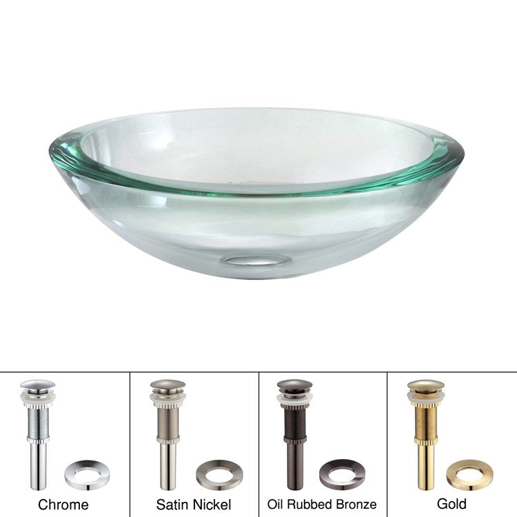 34mm Thick Clear Glass Vessel Sink with Pop-Up Drain & Mounting Ring - Modern Bathroom Vanity Sink for Powder Room, Guest Bath, and Master Suite