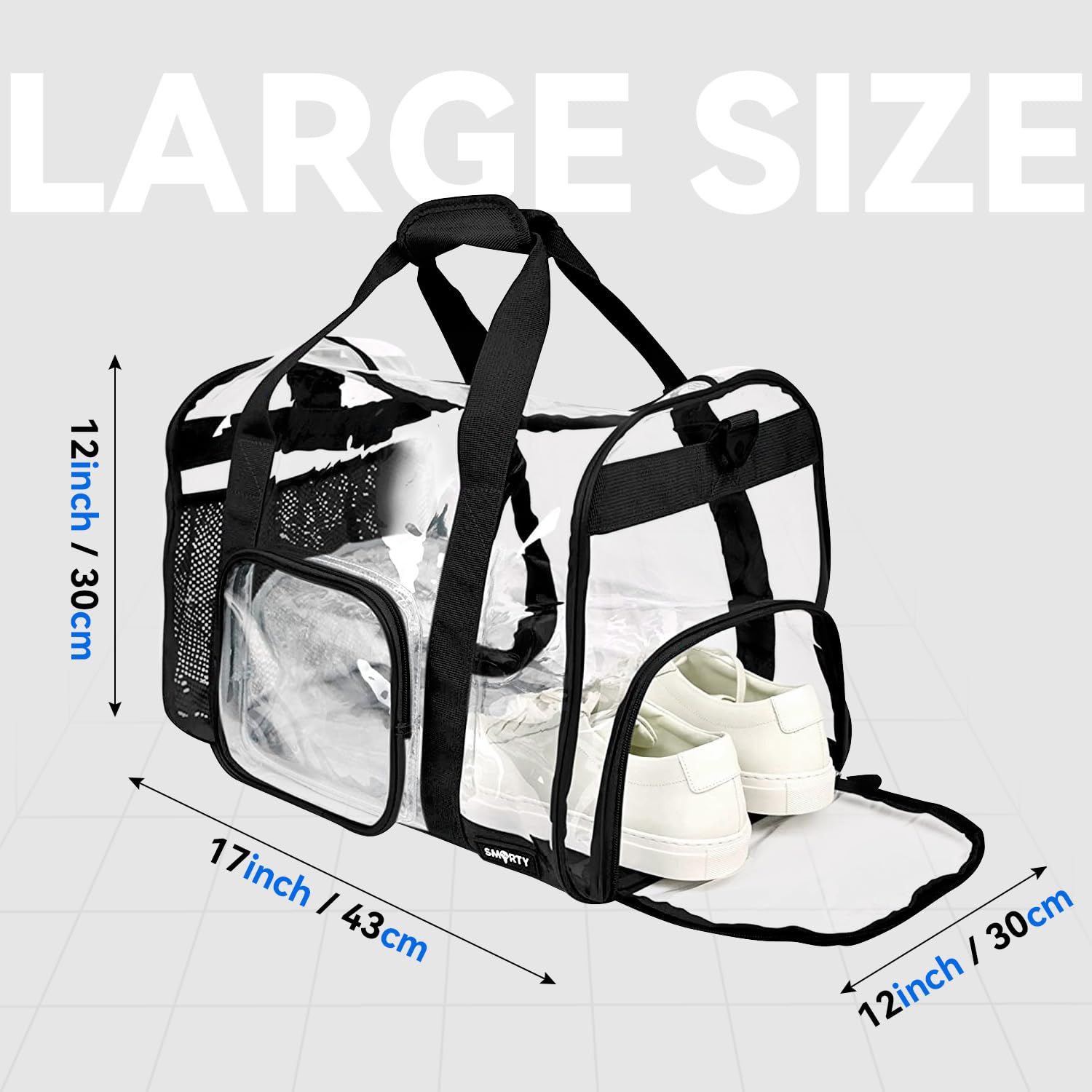 Clear Large Gym Bag with Shoe Compartment & Adjustable Shoulder Strap - Waterproof Sports Duffel for Travel, Workout, Beach & Airport Security (Black) - Perfect for Fitness, Swimming, Yoga & Sports Events