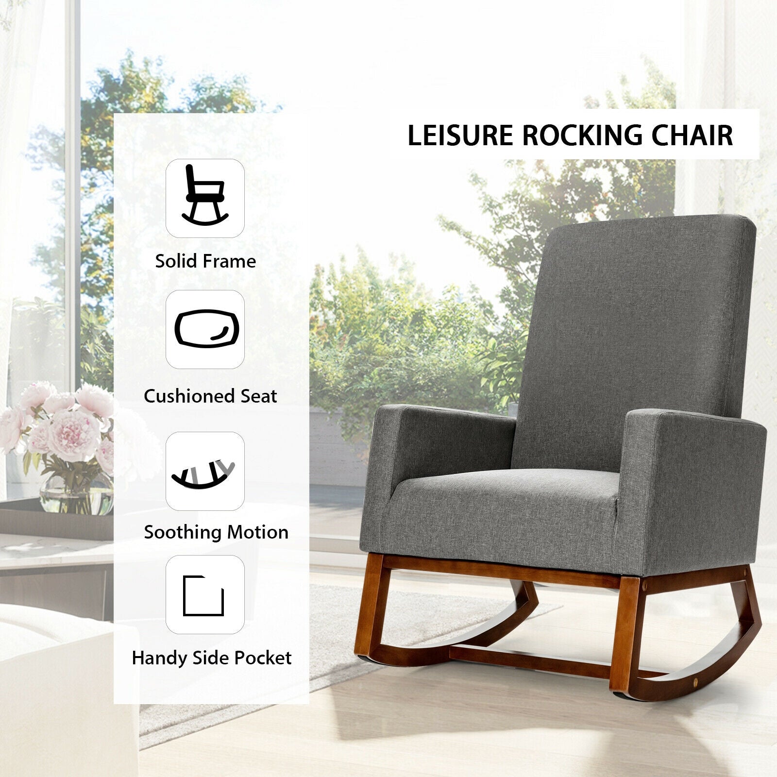 Gray High Back Upholstered Rocking Lounge Chair with Side Pocket - Perfect for Living Room, Bedroom & Nursery Relaxation