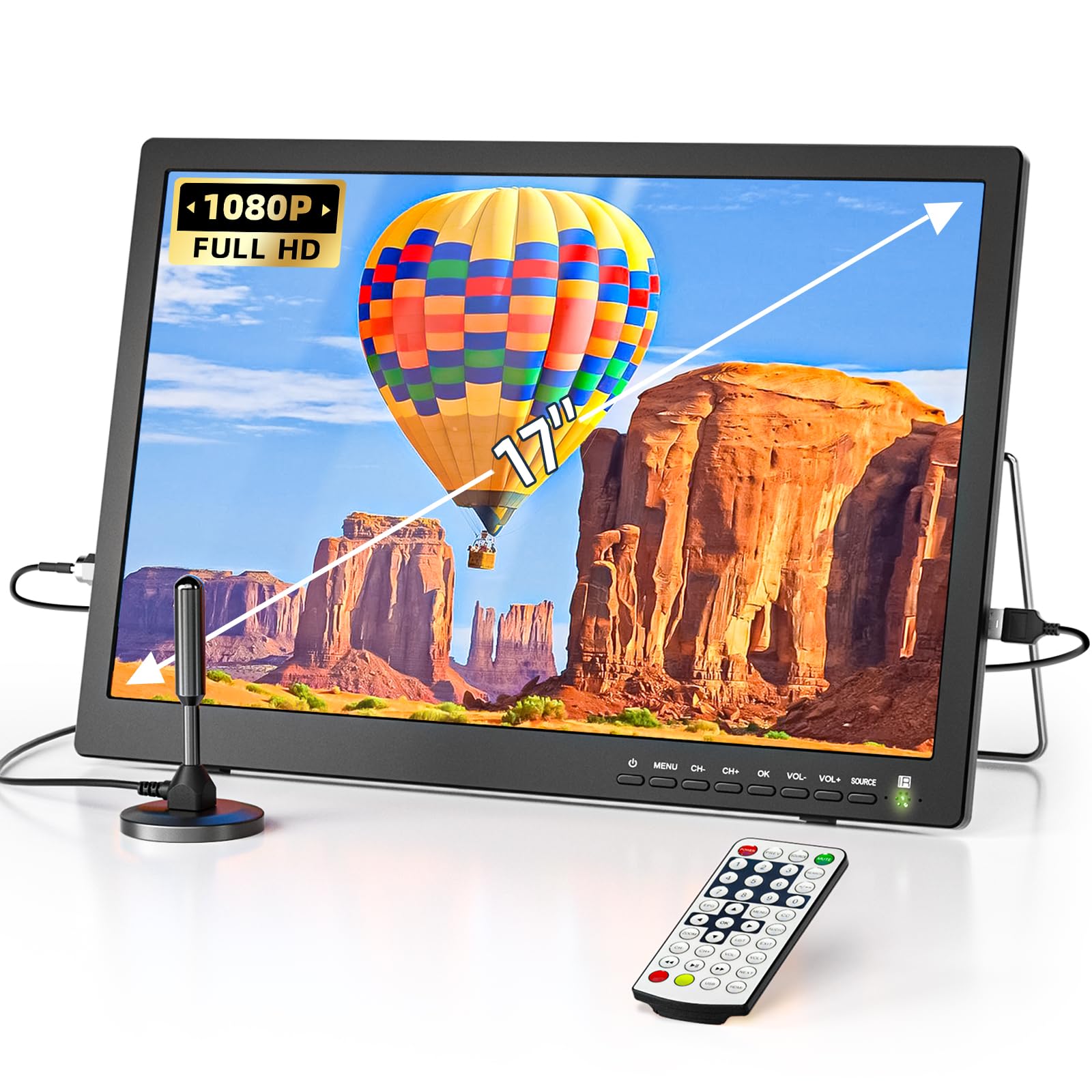 17 Inch Portable TV with Antenna - ATSC Digital Tuner, Rechargeable Battery Powered LCD Monitor with Built-in Stand | HDMI, AV, USB Inputs | Perfect for Kitchen, Bedroom, Camping, RV & Travel | Ideal for Emergency Weather Updates & Outdoor Entertainment