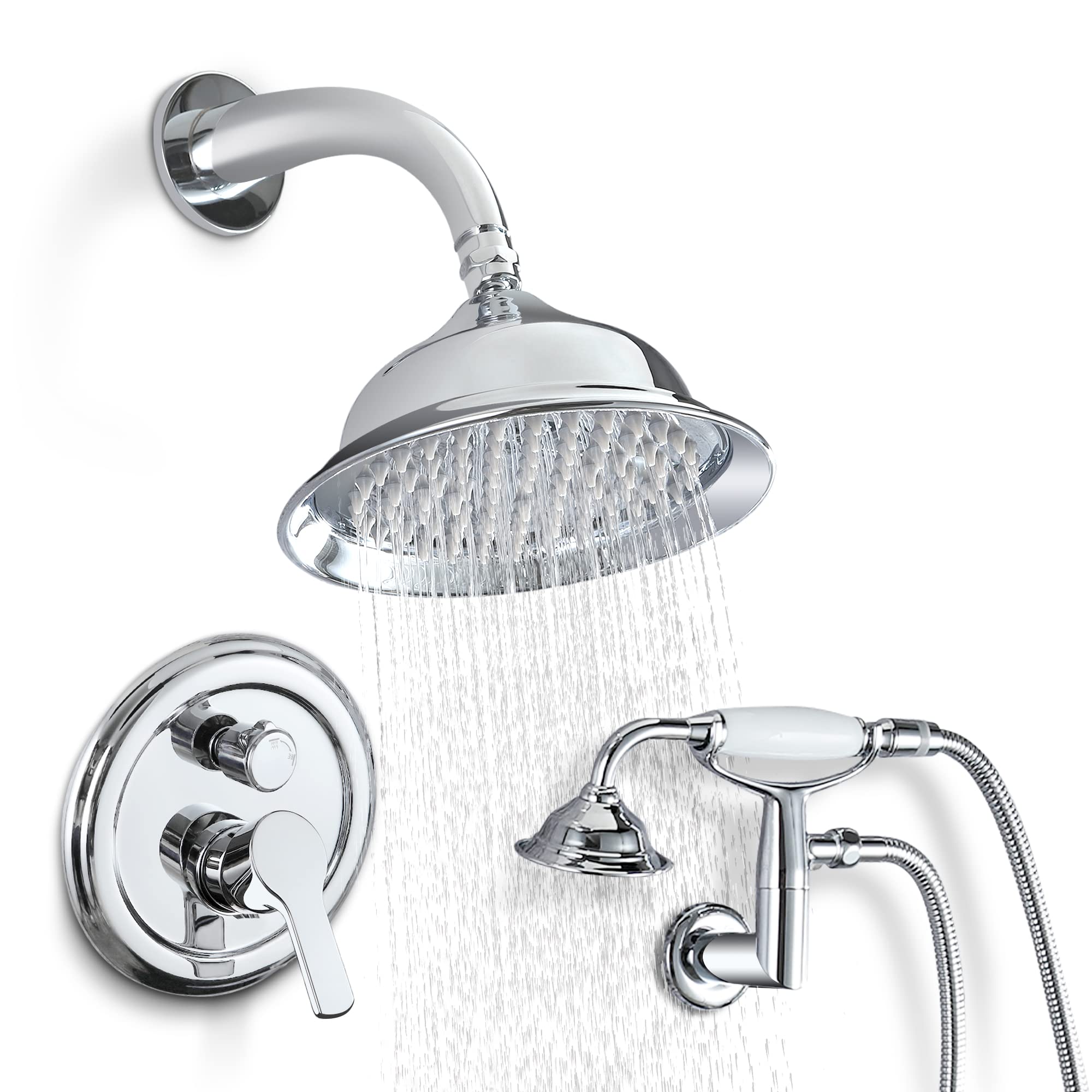 SKOWLL 8 Inch Rainfall Shower Head Set with Handheld Spray - Wall Mount Vintage Shower System, 2 Function Overhead Shower Kit in Polished Chrome - Perfect for Bathroom Renovation & Spa-Like Shower Experience