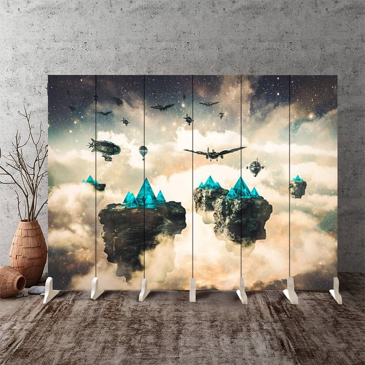 Steampunk Fantasy Floating Islands & Spacecrafts Canvas Room Divider - 6-Panel Folding Privacy Screen for Bedroom, Office & Living Room Partition