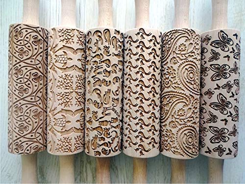 6-Piece Laser Engraved Embossing Rolling Pin Set for Homemade Cookies - Custom Patterns - Perfect for Baking, DIY Crafts & Holiday Cookie Decorating