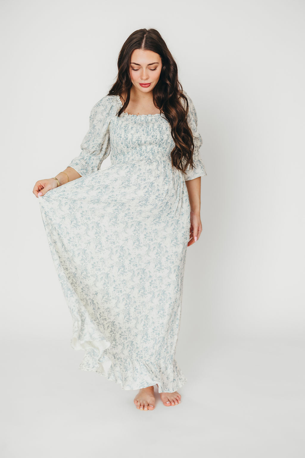 Sienna 100% Cotton Puff Sleeve Maxi Dress - Blue Floral Print Maternity Dress for Pregnancy | Bump Friendly, Comfortable & Stylish for Summer, Beach, Vacation & Special Occasions