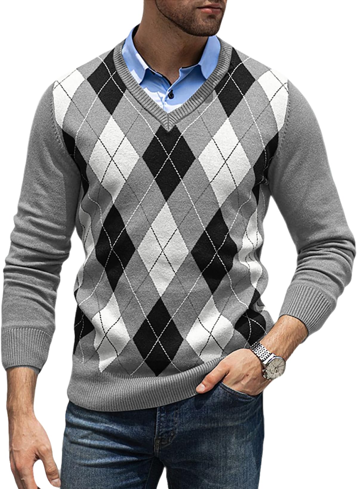 JMIERR Men's Slim Fit V-Neck Ribbed Knit Sweater - Long Sleeve Argyle Pullover for Casual Wear & Office Outfits