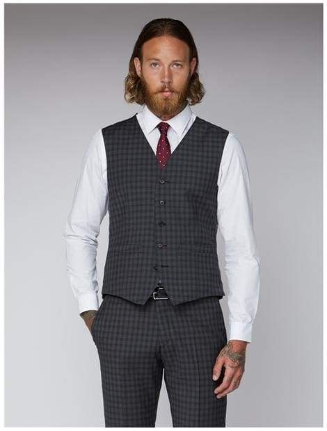 Gibson Grey Mini Check Suit Waistcoat for Men - Slim Fit Formal Vest for Wedding, Office & Business Attire