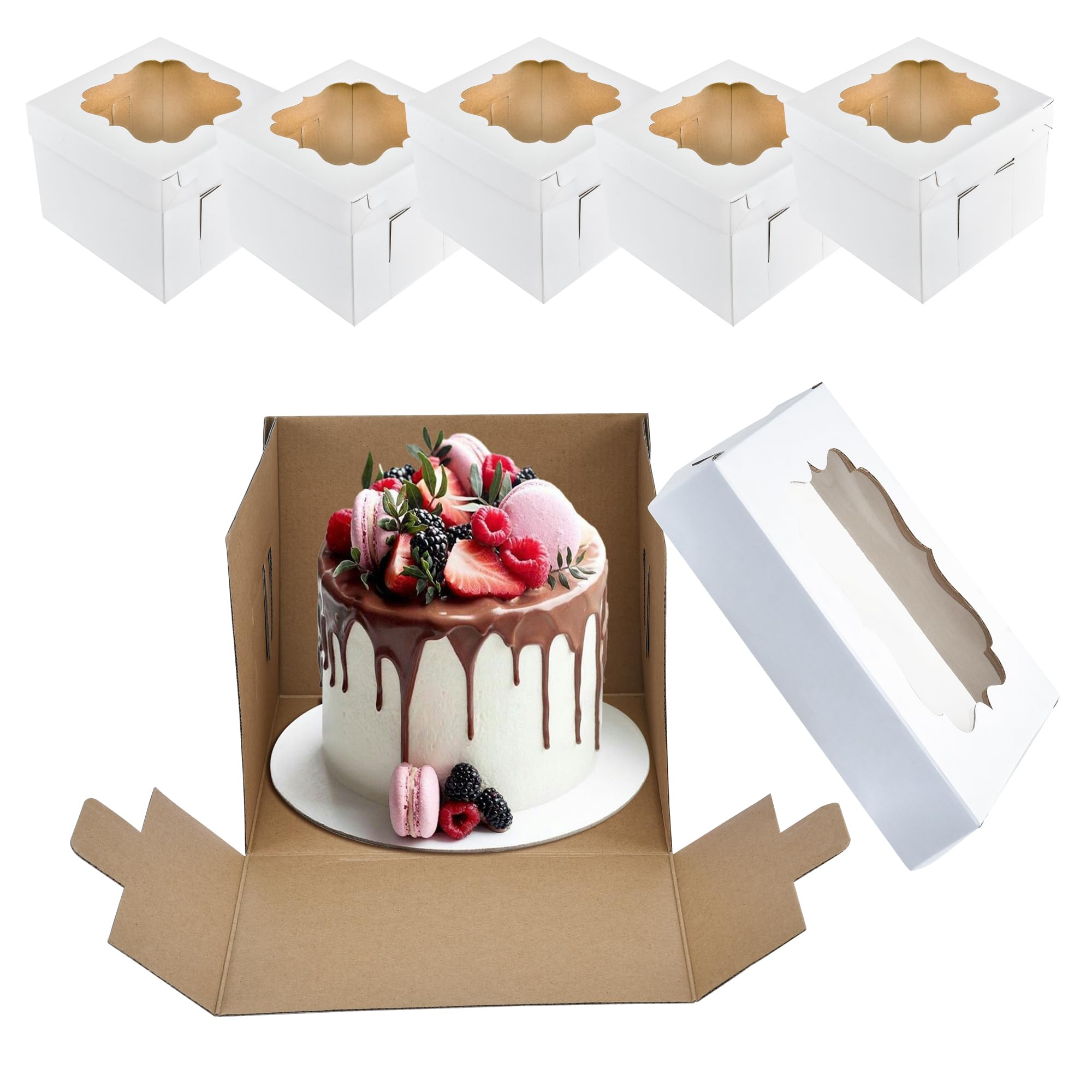 XININSUN 8x8x10 Inch Tiered Cake Boxes with Window & Sturdy Cake Boards - 5 Pack Tall Cake Carrier for Layer Cakes, Wedding, Birthday, and Party Dessert Display