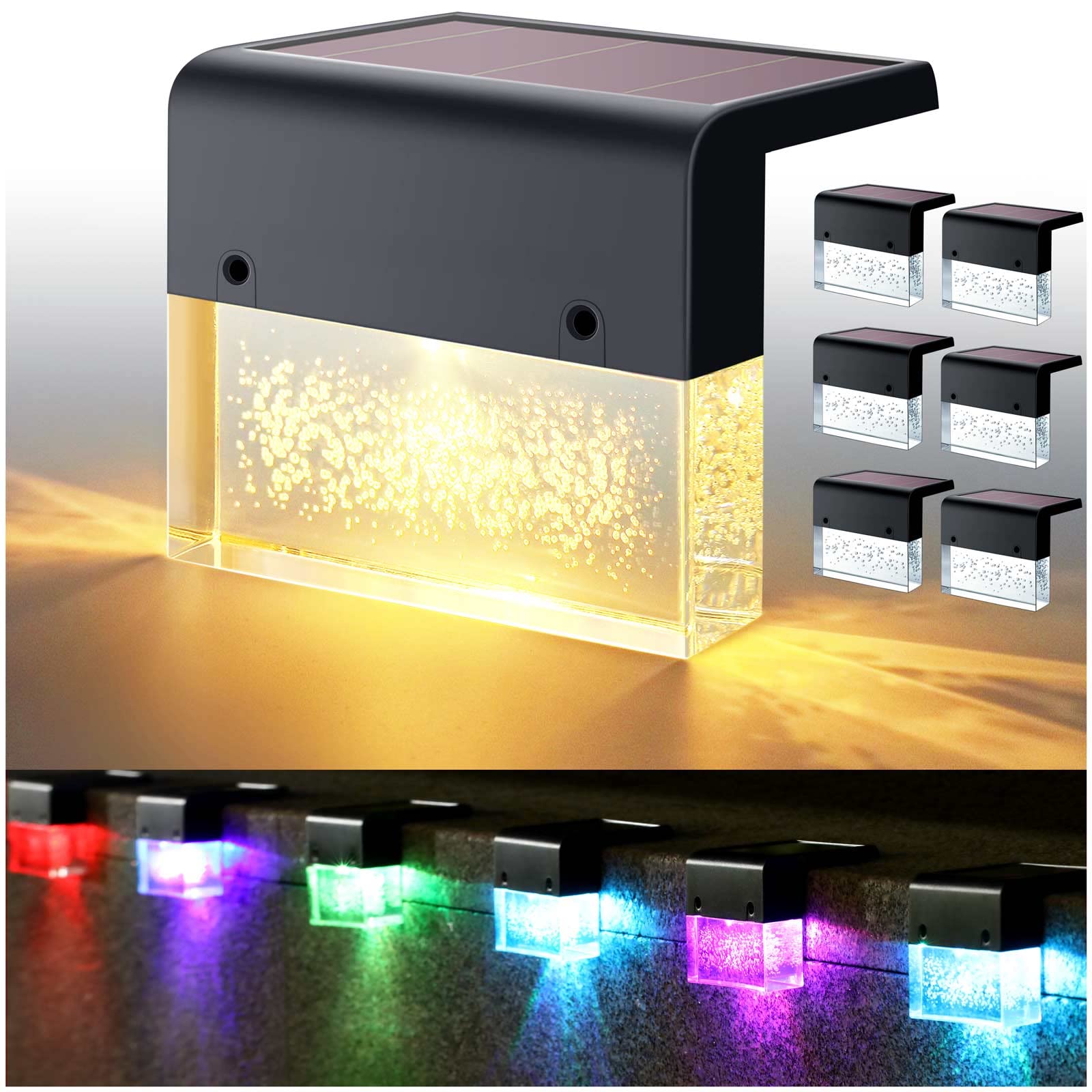 DenicMic 6 Pack Solar Deck Lights - 3000K Warm White & Color Changing LED Outdoor Solar Lights for Fence, Steps, Railing, Wall, Poolside - Waterproof Patio Decor for Garden, Pathway, Backyard, Deck Lighting
