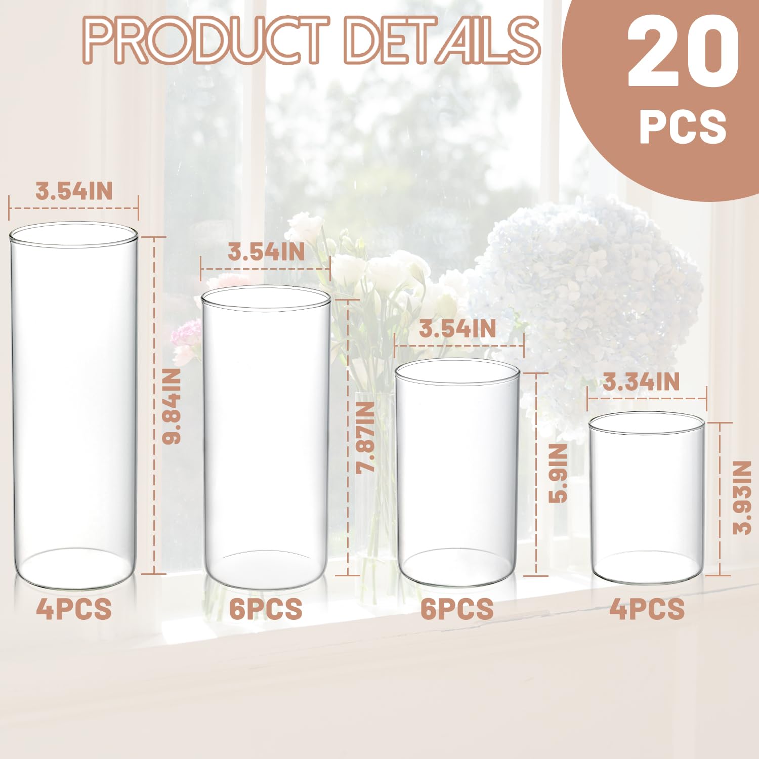 20-Piece Glass Cylinder Vases Set for Centerpieces - 4 Sizes (4