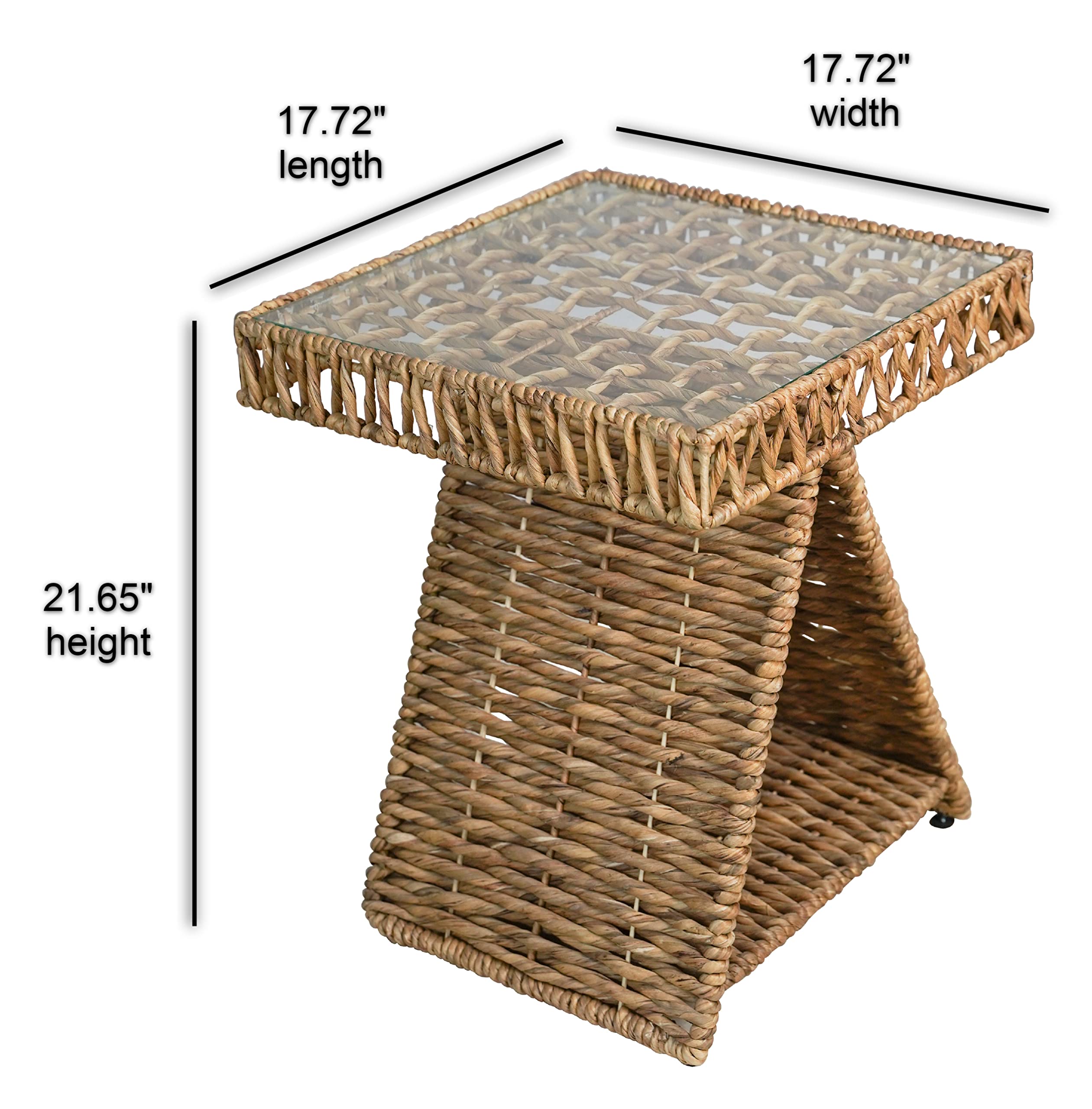 Geometric Square Triangle Woven Water Hyacinth End Table with Tempered Glass Top & Shelf - Natural Fiber Side Table for Living Room, Bedroom, or Office - Modern Boho Home Decor Accent Table (Model H122336)