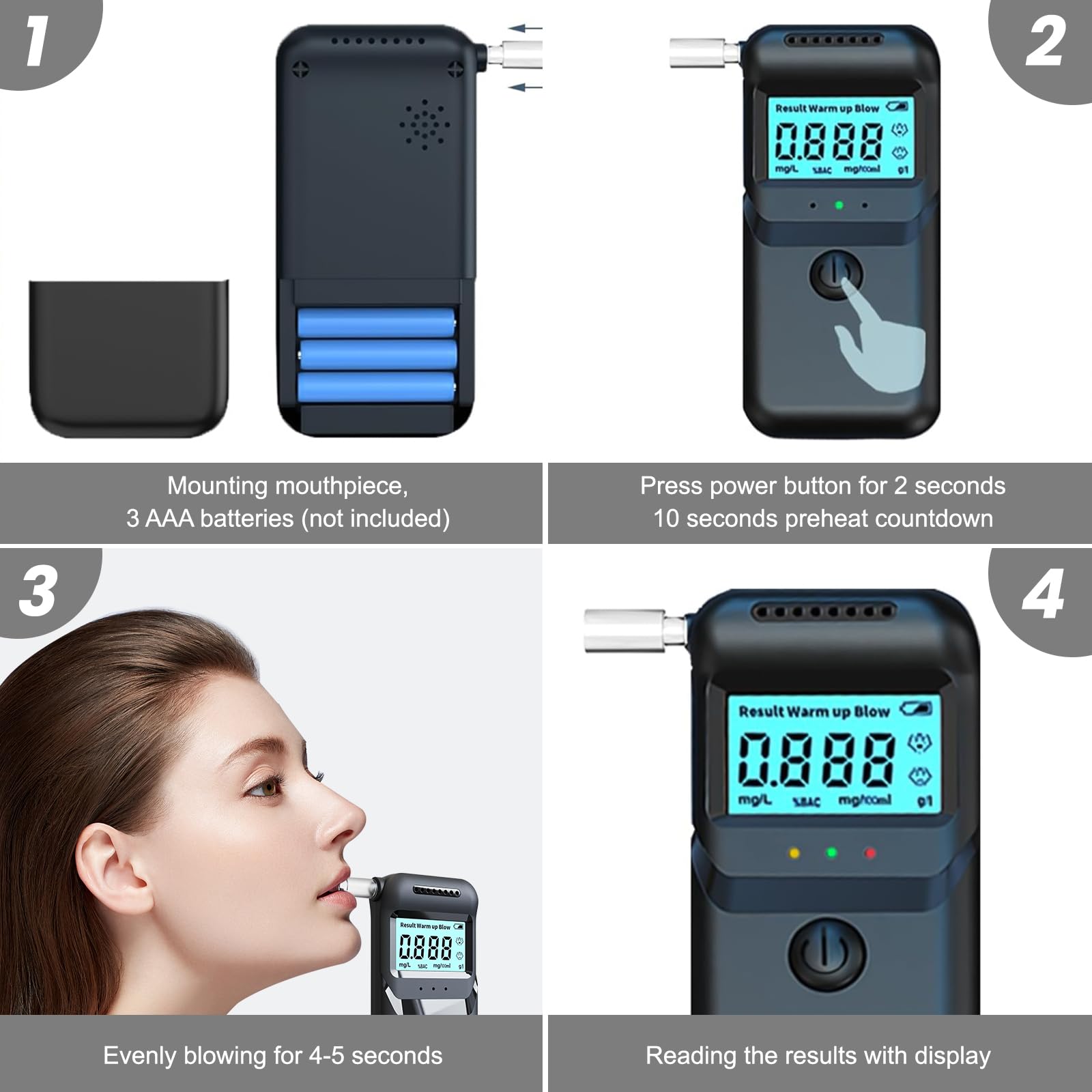 Professional-Grade Breathalyzer with LCD Display - Accurate Alcohol Tester for Personal & Professional Use - Portable BAC Tester with 20 Reusable Mouthpieces - Perfect for Home, Parties, Workplace Safety & DUI Prevention