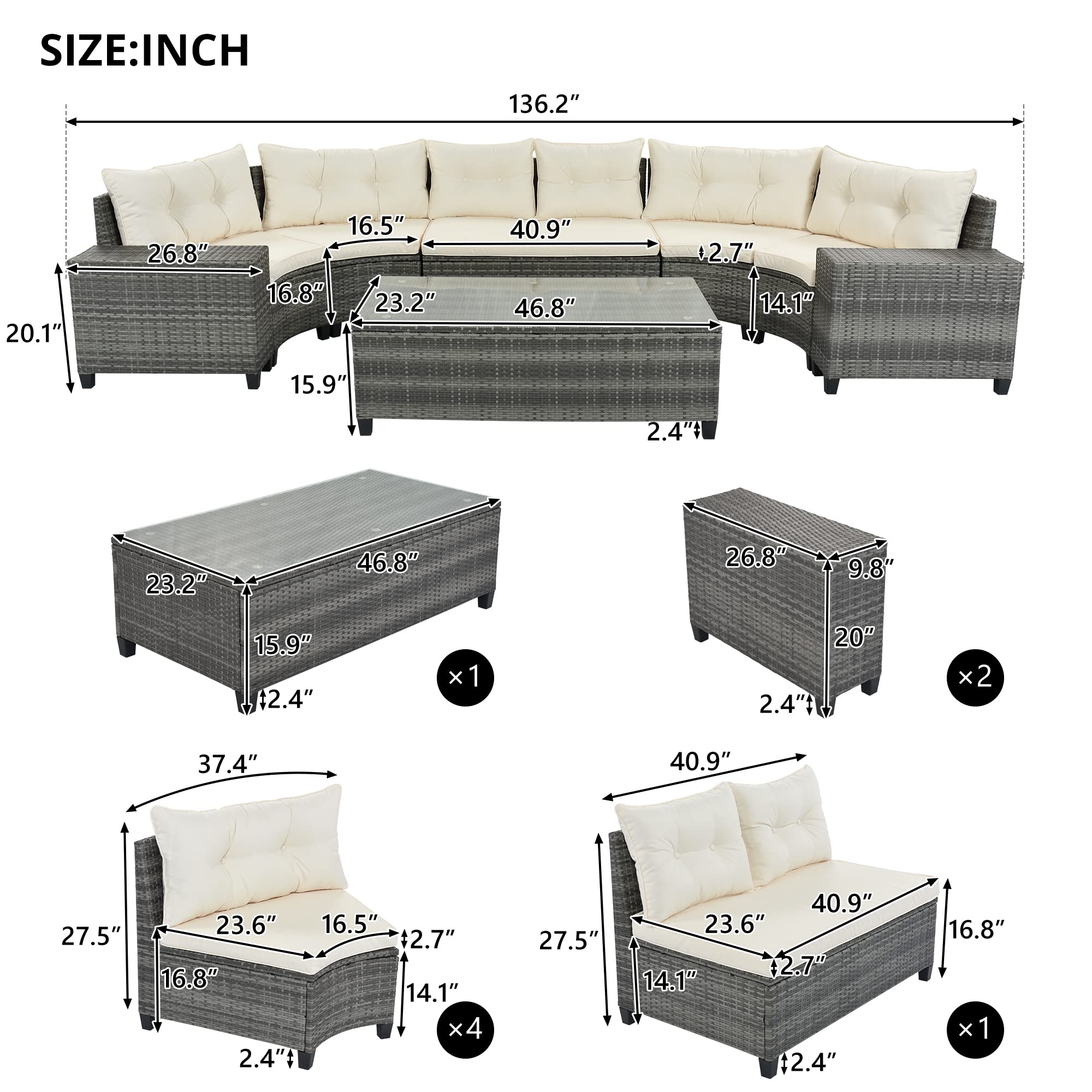 BNSPLY 8-Piece Patio Half-Moon Sectional Furniture Set - Beige Wicker Outdoor Curved Sofa with Glass Coffee Table, Side Tables & Cushions - Perfect for Garden, Poolside, and Backyard Relaxation