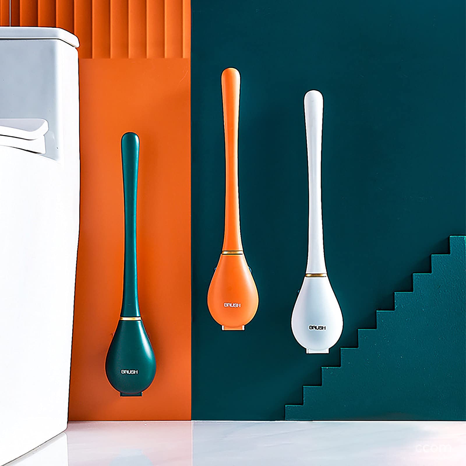 Wall-Mounted Silicone Water Drop Toilet Brush Set - Space Saving, Quick Drying Bathroom Cleaning Tool with No Dead Ends (Orange) - Perfect for Small Bathrooms, RVs & Modern Homes
