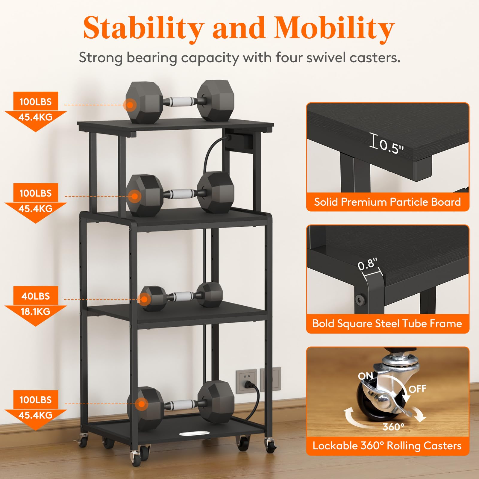 Lifewit 4-Tier Rolling Printer Stand with 3 Power Outlets, Adjustable Storage Shelf & Wheels - Mobile Office Cart for Printer, Scanner, Shredder, Fax Machine - Perfect for Home Office Organization & Workspace Storage (Black)
