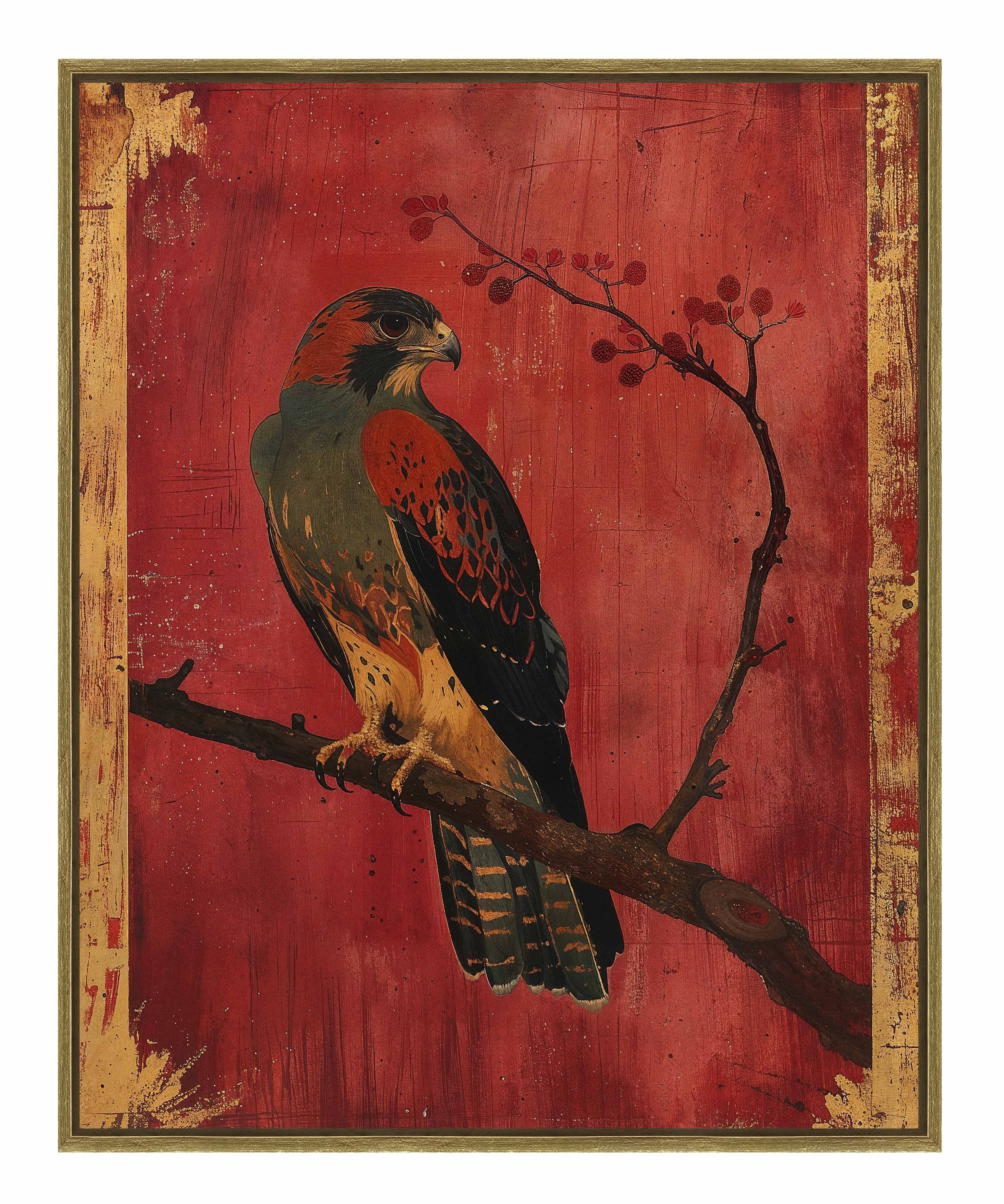 Crimson Majesty Falcon of the Silk Road Wall Art - Handmade Gallery Wrapped Canvas Painting for Living Room, Bedroom & Office Decor