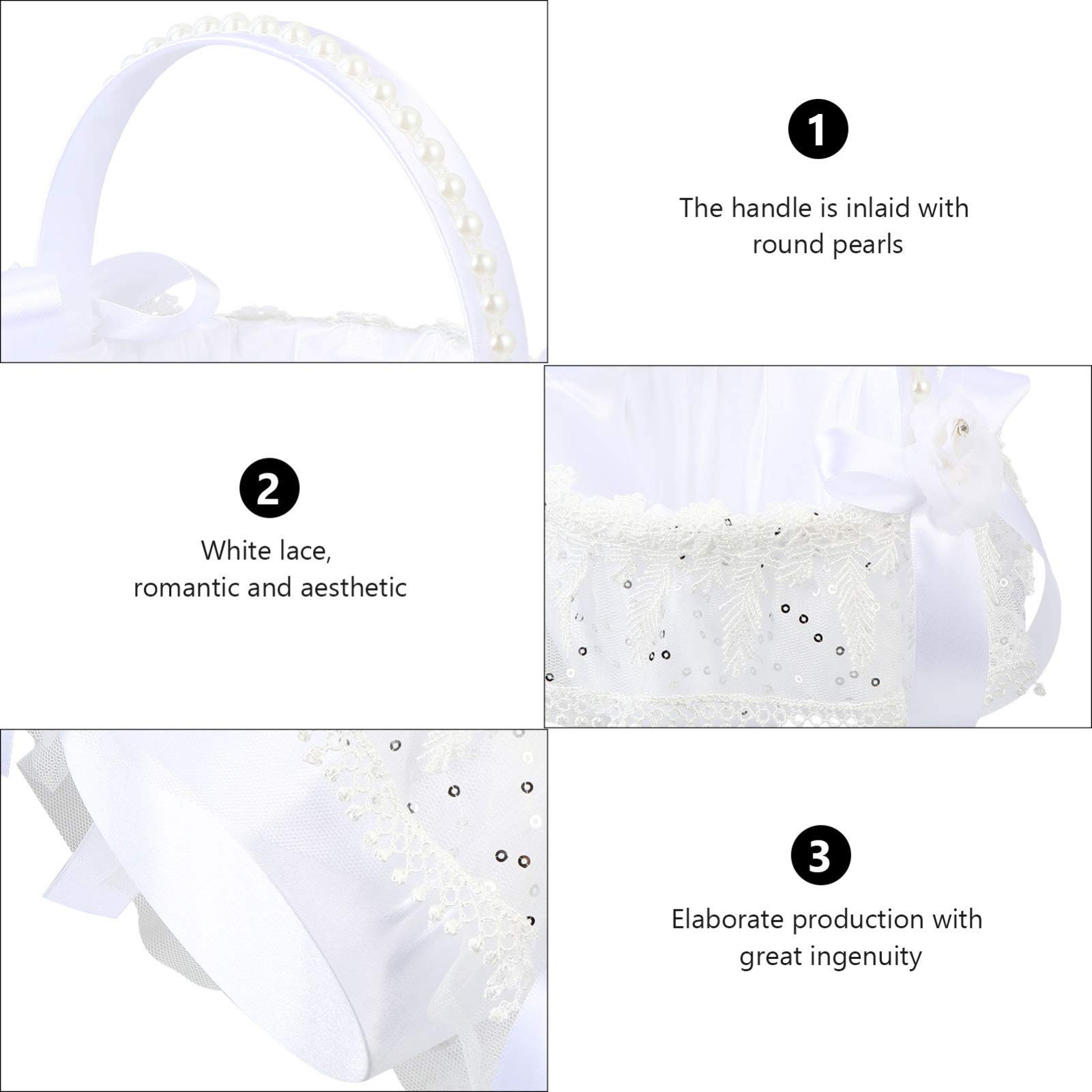 Elegant White Metal Wedding Basket with Lace Rose Sequins & Pearl Handle - 18x18x19cm Round Decorative Basket for Wedding Ceremony, Bridal Shower, Baby Shower & Home Decor