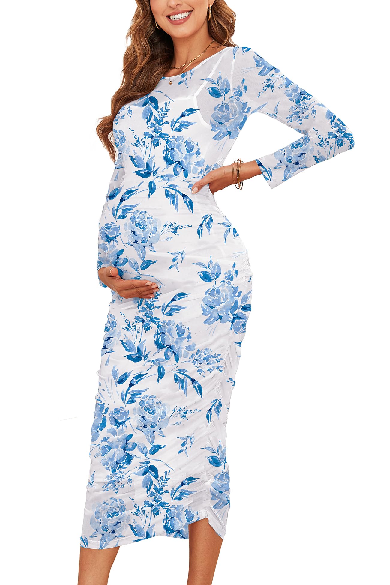 CYCLAMEN 2024 Maternity Mesh Dress with Ruched Sides & Round Neck - Pregnancy Dress for Baby Shower, Wedding Guest & Cocktail Party | Comfortable & Stylish for Special Occasions