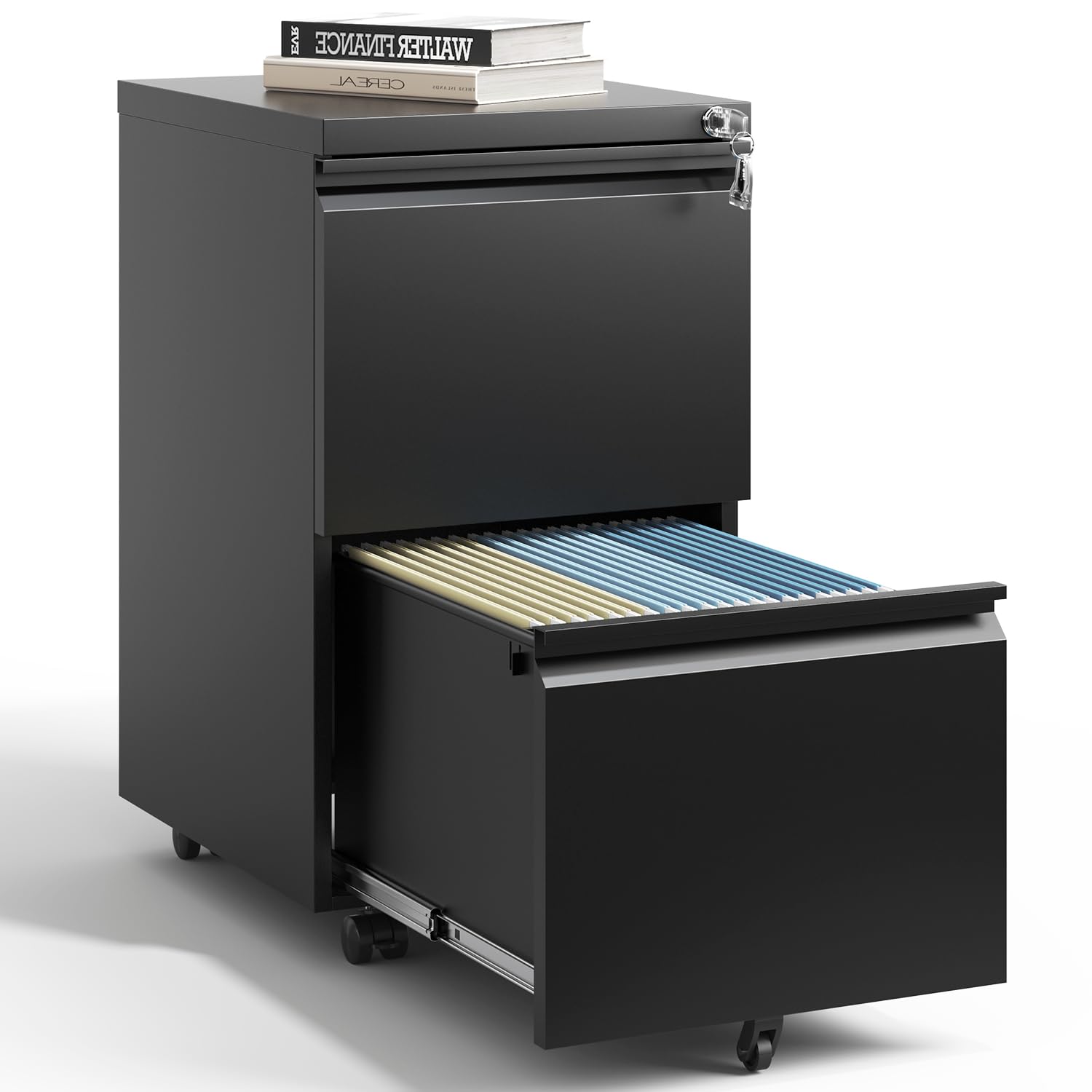 2 Drawer Mobile File Cabinet with Lock - Under Desk Metal Filing Cabinet for Home Office - Small Rolling Storage Organizer for Legal/Letter/A4 Documents - Fully Assembled (Black) - Perfect for Small Spaces & Office Organization