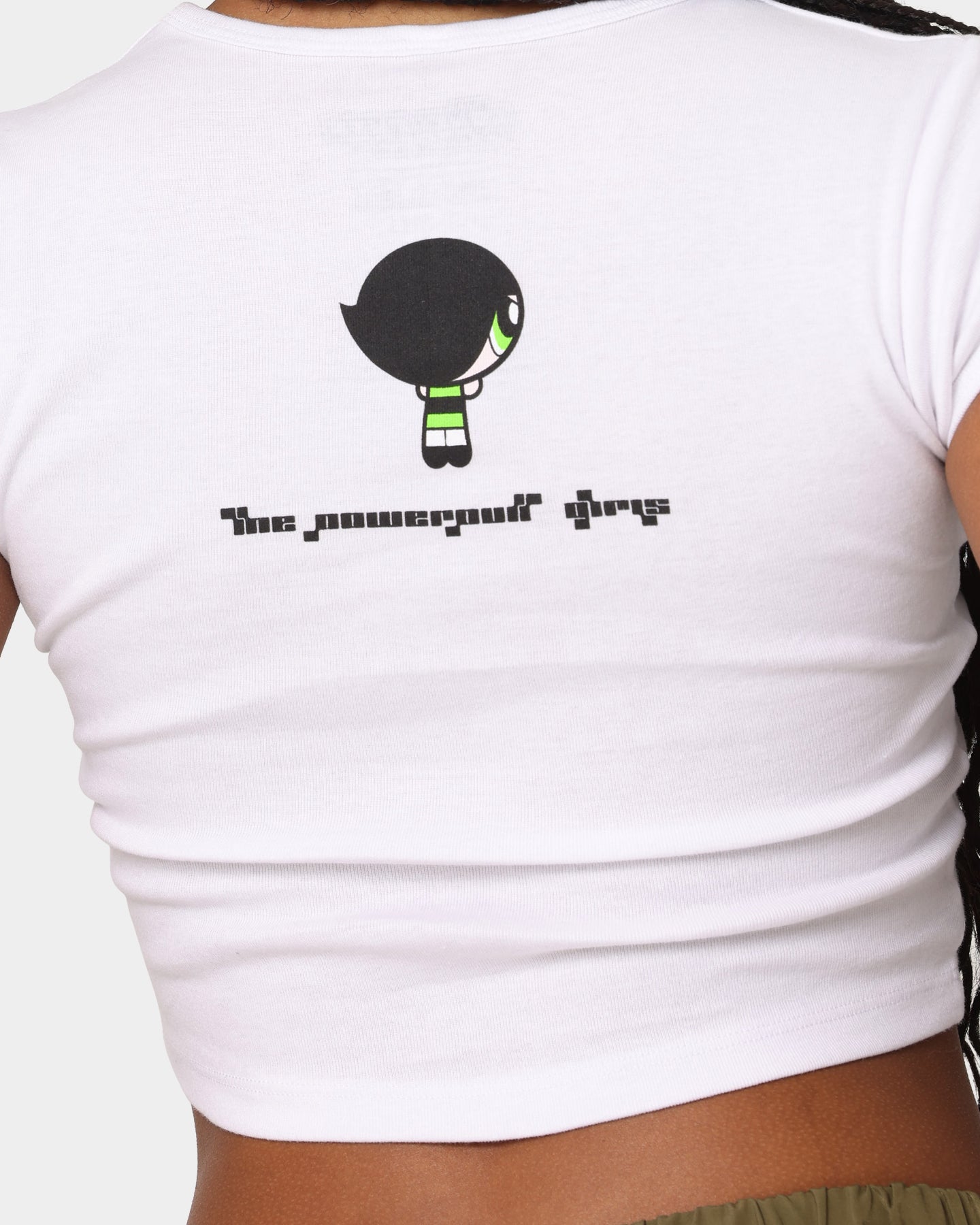 American Thrift X Powerpuff Girls Women's Buttercup Graphic Ringer T-Shirt - White Cotton Tee for Casual Wear & Cartoon Fan Fashion