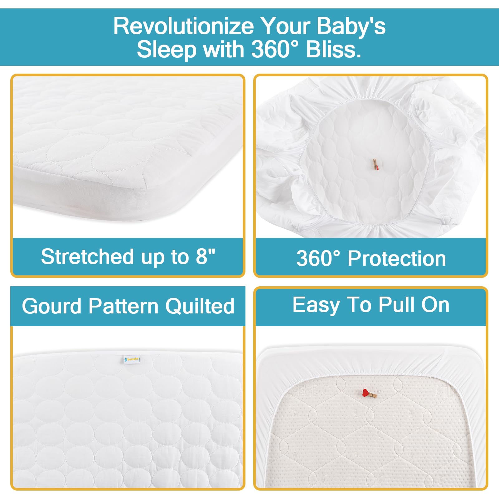 Bamuho Waterproof Cotton Crib Mattress Protector - Breathable Toddler Baby Mattress Pad Cover for Standard Crib (52