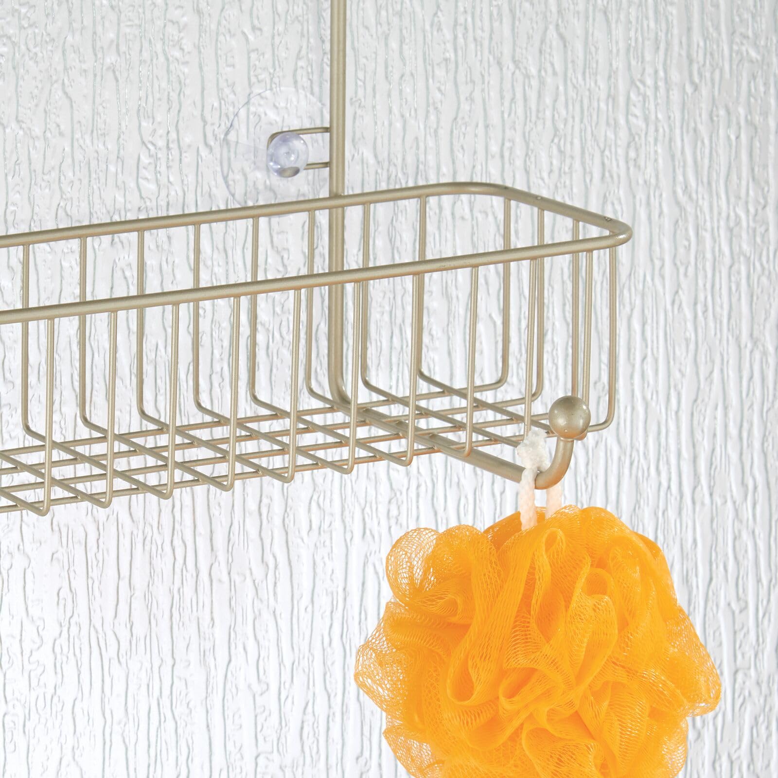 mDesign Extra Wide Metal Wire Over The Shower Door Caddy - 2-Tier Hanging Bathroom Storage Organizer with Built-in Hooks & Baskets for Shampoo, Body Wash, Loofahs - Satin Finish - Perfect for Small Bathrooms & Space-Saving Shower Organization